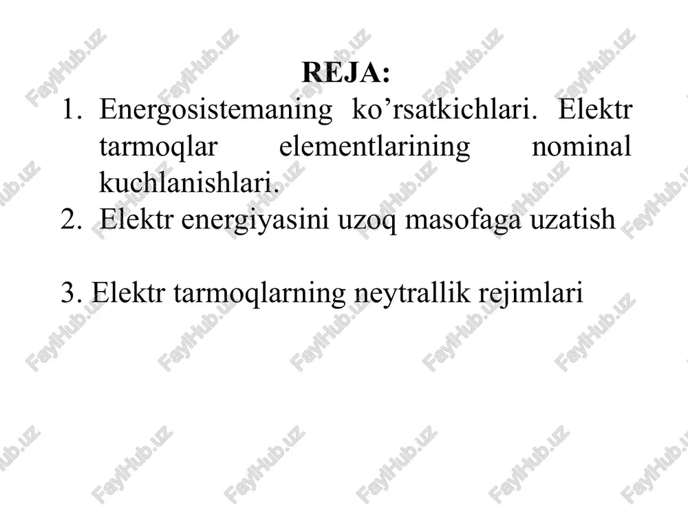 tayorlaydi. mashg'ulot o'tishini rejalashtiradi. barcha talabalarning faol ishtirokini ta'minlashga erishadi. xulosalar qilib talabalarni baholash mezonlarini ishlab chiqadi. keyingi mavzuning tarqatma materiali bilan tanishadi 2.bosqich. kirish.10 min mavzuni bildirib, rejani keltiradi. mavzu bo'yicha o'z fikrlarini berib talabalarning fikrini oladi. mavzu bo'yicha talabalarga savollar beradi. tanishadilar va yozib boradilar, savollar berib javobini eshitadilar. 3.bosqich. asosiy qism 60 min mashg'ulot materiallarini beradi (ma'ruza). talabalarni faollashtiradi. pedagogik usullar qullab talabalarni mavzuga jalb qiladi. qanday qilib, nima uchun, qachon, qaerda kabi savollar berib talabalarning fikrini oladi bilimini baholaydi. eshitadilar, savol beradilar javob beradilar va eshitadilar. 4.bosqich yakuniy qism 10 min umumiy xulosalar beradi eng faol talabalarni ko'rsatadilar va ularni baholaydilar mashg'ulotni yakunlaydilar. o'z baholari bilan tanishadilar elektr tarmoqlar elementlarining kuchlanishlari. elektr tarmoqlarning neytrallik rejimlari o’quv mashg’ulotning texnologik xaritasi elektr va issiqlik energiyasini ishlab chiqarish, uzatish, taqsimlash va iste’molini ta’minlovchi ob’ektlarning o’zaro bog’liqligi. respublikamizda xozirda uzoq masofalarga uzatish uchun kuchlanishi 110, 220, 330, 500 kv bo’lgan …