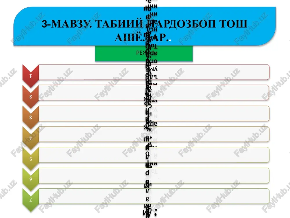 r gney, turli xil slanetslar diabaz, porfir, porfirit bazalt, andezit, tarxit, liparit qum, shag'al tosh, tuproqlar qumtosh, konglo- merat, brekchiya vulqon tufi tabiatda paydo bo'lishiga ko'ra tog' jinslari 3 ta guruhga bo'lingan: asosiy jins hosil qiluvchi minerallar slyuda - kimyoviy tarkibi jihatidan murakkab suvli alyumosilikatdir. tabiatda slyudaning bir necha xili uchraydi. shulardan eng ko'p tarqalganlari muskovit va biotitdir. kvarts (sio2) dala shpati plagioklaz, albit (na2o al2o3 6sio2) anortit (cao al2o3 2sio2) muskovit kal2(alsi3o10)(oh)2 olivin asosan temir va magniy silikatlaridan tashkil topgan mineraldir. u ko'k rangli, atmosfera ta'siriga chidamsiz, suv ta'sirida esa hajmi kengayadi. u asbesttsement sanoatida va issiqlik o'tkazmaydigan ashyolar ishlab chiqarishda ko'p ishlatiladi. magmatik tog' jinslari. toshib chiqqan qadimgi tog' jinslari granit – qurilishda keng tarqalgan magmatik tog' jinsi. u asosan kvarts (20–40%), dala shpati – ortoklaz (40–70%) va slyuda (5–20%) dan tashkil topgan. granit tiniq sariq yoki och qora rangda bo'lib, asosan tarkibidagi minerallar rangiga qarab o'zgaradi. zichligi …