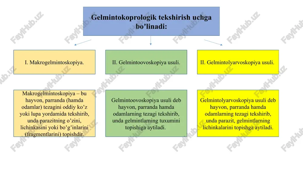 di. soʼngra namunaning usti qoplagʼich oynacha bilan qoplanib mikroskop ostida tekshiruvdan oʼtkaziladi. bunda parazit, gelmint tuxumlarini topishimiz mumkin. biroq, usulni bajarish juda ham oson boʼlsada, uning samaradorligi ancha past, chunki juda ham oz miqdorda tezak namunasi olinadi, unda hamma vaqt ham (invaziyaning intensivligi past boʼlsa) parazit tuxumlarini topish qiyindir. 2). anus atrofidan qirindi olish usuli (otlarning oksiuroz kasalligini aniqlashda qoʼllaniladi). usulni bajarish texnikasi quyidagicha: gumon qilingan hayvonning orqa chiqaruv teshigi atrofida qotib qolgan tezaklar temir shpatel yoki yogʼoch kurakcha yordamida qirib olinadi va buyum oynachasiga oʼtkaziladi, teng miqdorda suv bilan suyultirilgan gliserin tomchisi (2-3 tomchi) tomizilib aralashtiriladi, qoplagʼich oynacha bilan qoplab mikroskopning kichik obektivida tekshiriladi va oksiurislar tuxumini topishga harakat qilinadi. 3). flyuotasiya usuli (gelmint, parazit tuxumlarini yeritma yuzasiga qalqib chiqarish usuli). bunda bir qancha olimlarning tavsiya yetgan usullari mavjud: a). fyulleborn usuli. fyulleborn usulini bajarish uchun osh tuzining toʼyingan yeritmasi kerak boʼladi. osh tuzining toʼyingan yeritmasini tayyorlash uchun bir …