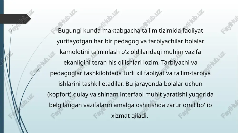 tizim asosida qulay interfaol muhit yaratilsa samarali natijaga erishish mumkin. yuqorida keltirilgan interfaol muhit tizimlarini tahlil qilamiz. psixologik qulay muhit yaratish- bolaning psixik individual xususiyatlarini hisobga olish va tashkiliy, kommunikativ sharoit bilan bog'liq ravishda amalga oshiriladi. bolalar o'zlarini ruhan erkin va qulay his qilsalar ularda hursandik, qoniqish, yuqori kayfiyat yuzaga keladi. bu holat bevosita ta'lim jarayonidagi (intellektual qulaylik), muloqot, va boshqa sub'ektiv vaziyatlar bilan bog'liq bo'ladi. ijobiy hislarni yuzaga kelishida bolaning faoliyat motivatsiyasi, xulq-avtori, atrof-muhit va sub'ektiv jarayonlar sabab bo'ladi. psixologik qulay muhit yaratilishda birinchi galda interfaol muhit vositalari va bolalar o'rtasida shaxslararo munosabat muhim o'rin tutadi. "tarbiyachi-bola" munosabati uchun hamkorlikdagi faoliyat ya'ni ijobiy hissiy holatlar, ezgulik, bag'rikenglik asosidagi muloqot qilish taqozo etiladi. mana shu jarayonda bola va tarbiyachining bir-birlarini ijobiy qabul qilishlari, o'zaro bir-birini tushunishi, tinglashi va o'zaro ishonch asosiy omil bo'ladi. tarbiyachi uchun zarur bo'lgan malaka va ko'nikma bu bola ruhiyatini his qilish, uning hatti-harakatlarini to'g'ri qabul qilish …