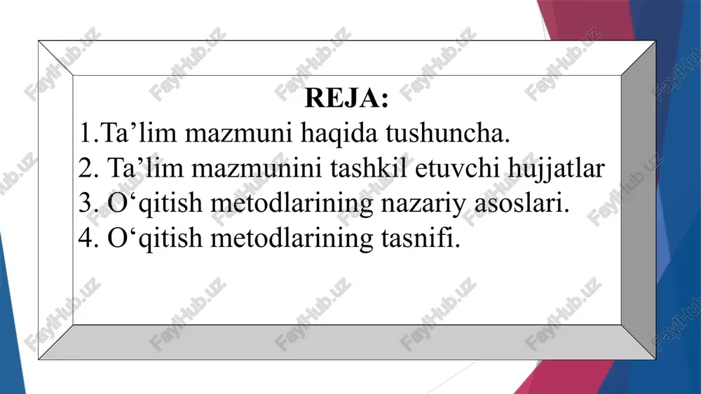 rlarining turlari mualliflik o‘quv dasturi darslik muayyan o‘quv fani bo‘yicha ta’lim maqsadi, o‘quv dasturi va didaktik talablarga muvofiq belgilangan ilmiy bilimlari to‘g‘risidagi ma’lumotlarni beruvchi manba bo‘lib, u mazmuni va tuzilishiga ko‘ra fan bo‘yicha yaratilgan o‘quv dasturiga mos keladi davlat ta’lim standartlari ta’limi mazmuni va sifatiga qo‘yiladigan talablarni belgilaydigan meyoriy hujjat davlat ta’lim standartlari tarkibiy tuzilishiga ko‘ra quyidagilardan iboratdir: 1. ta’limning yangi yoki aniqlashtirilgan maqsadlari, fanning o‘rganish obyektlari va asosiy mazmunli yo‘nalishlari ko‘zda tutiladigan o‘quv fanining umumiy ta’rifi. 2. o‘quv fanining mazmuni, tayanch (invariant) darajasini tasvirlash. 3. ta’limning majburiy natijalarini ifodalash, ya’ni o‘quvchilarning o‘quv tayyorgarliklari zarur bo‘lgan minimal darajasiga talablar. 4. bilim, ko‘nikma va malakalarga qo‘yiluvchi talablar (bu ularning majburiy tayyorgarliklari darajasining “o‘lchami” bo‘lib, tekshirish ishlari, testlar va alohida topshiriqlarni bajarishlariga qarab o‘quvchilar tomonidan talablarning majburiy darajasiga erishilganligi haqidagi xulosaga kelinadi). ta’lim metodlari. metod so‘zi maqsadga erishish yo‘li, usuli deganidir. bu so‘zning etimologiyasi (kelib chiqishi) uning ilmiy kategoriya sifatidagi talqinida ham …