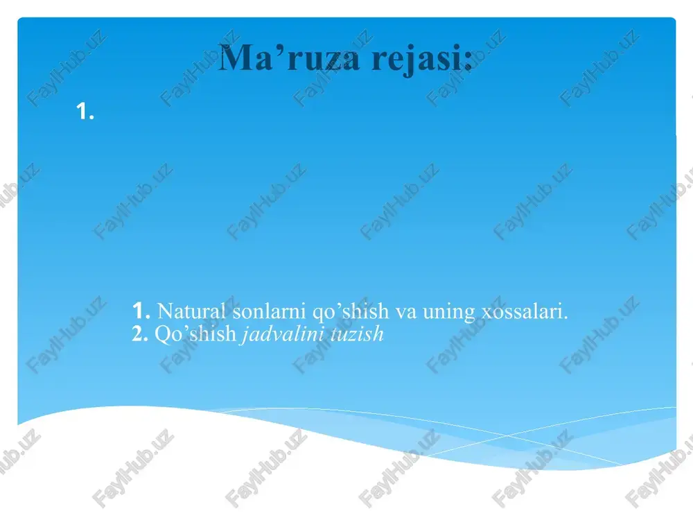 + 1 = a + (b + 1) (ta’rifga asosan). demak, c = 1 uchun guruhlash xossasi o’rinli. 2 ) c = n uchun (a + b) + n = a + (b + n) o’rinli deb faraz qilaylik. 3 ) c = n + 1 uchun bu xossaning to’g’riligini isbotlaylik. (a + b) + (n +1) = [(a + b) + n] + 1 =(ta’rifga asosan). = [a + (b + n)] + 1 = (farazga asosan) = a + [(b + n) + 1] = (ta’rifga asosan) a = [b + (n + 1)] (ta’rifga asosan). demak, (a + b) + (n + 1) = a + [b + (n + 1)]. peanoning 4-aksiomasiga asosan, (a + b) + c = a + (b + c)ekanligi kelib chiqadi. 2°. o’rin almashtirish (kommutativlik) xossasi. (∀a, b∈n) (a + b = b + a). bu xossani ham matematik induksiya metodidan …