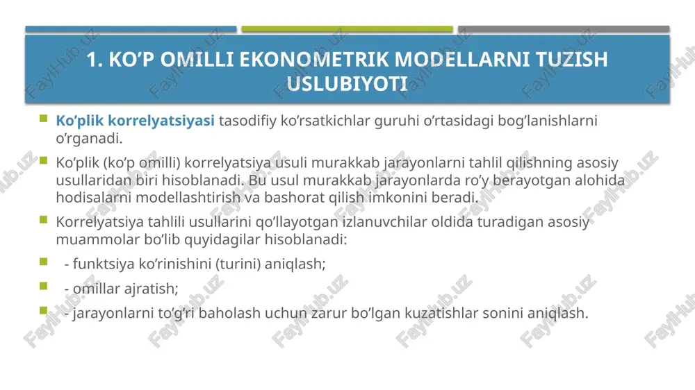 bir-birini ma'lum darajada takrorlab, natijada regressiya va korrelyatsiya ko'rsatkichlarining buzilishiga sababchi bo'ladi. shu sababli, tanlangan omillar ichida o'zaro kuchli chiziqli korrelyatsion bog'lanishda bo'lgan omillardan ba'zilarini regressiya tenglamasiga kiritmaydi. buning uchun chiziqli juft korrelyatsiya koeffitsientlarining matritsasi tuziladi. 2. chiziqli va chiziqsiz ko’p omilli regression bog’lanishlar. regression taxlil asosida tanlangan omillar asosida bog’lanish turi aniqlanadi. natijaviy ko’rsatkich y va unga ta’sir etuvchi omillar guruxi , , , … bog’lanish turini umumiy ko’rinishini quyidagi funktsiya yordamida ifodalash mumkin: analitik ifodalarining ko’rinishiga qarab bog’lanishlar to’g’ri chiziqli (yoki umuman chiziqli) va egri chiziqli (yoki chiziqsiz) bo’ladi. agar bog’lanishning tenglamasida omil belgilar (, , , … ) faqat birinchi daraja bilan ishtirok etib, ularning yuqori darajalari va aralash ko’paytmalari qatnashmasa, ya’ni ko’rinishda bo’lsa, chiziqli bog’lanish yoki to’g’ri chiziqli bog’lanish deyiladi. ifodasi to’g’ri chiziqli (yoki chiziqli) tenglama bo’lmagan bog’lanish egri chiziqli (yoki chiziqsiz) bog’lanish deb ataladi. 2. chiziqli va chiziqsiz ko’p omilli regression bog’lanishlar. regression tahlil o’tkazilganda …