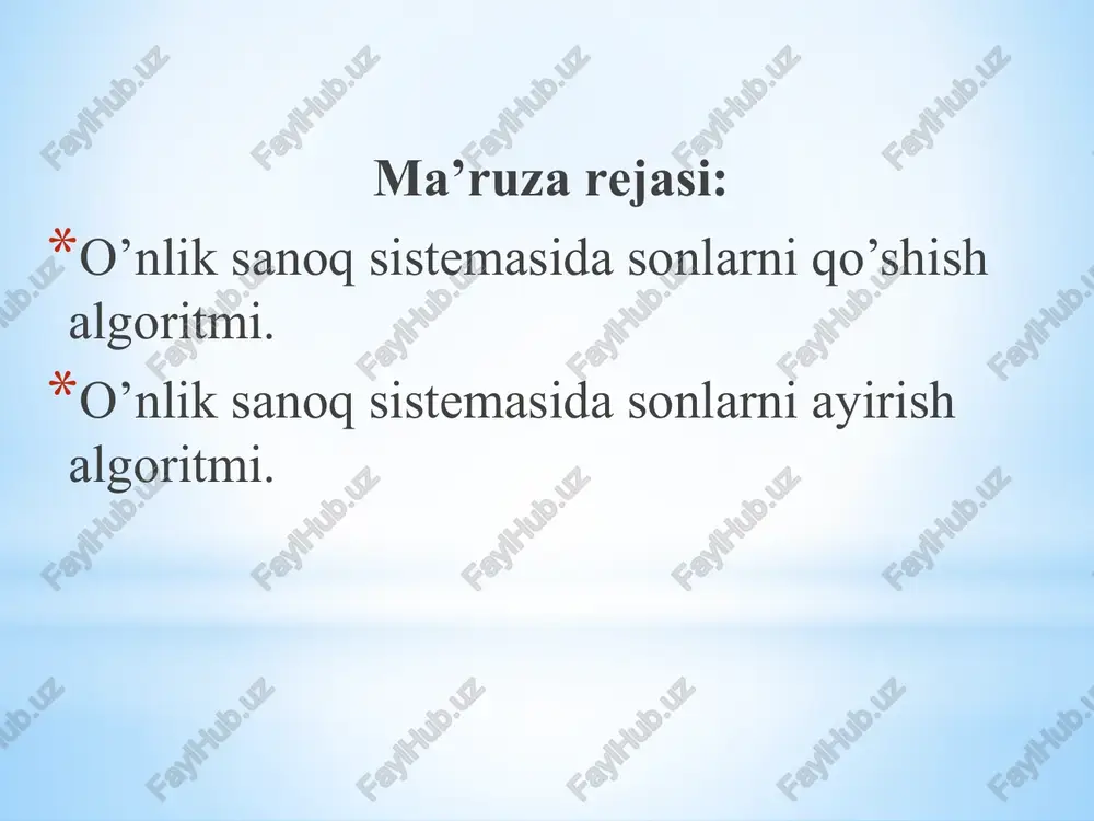 advalini tuzish mumkin. 1 ni ayirish jadvali. 5 ni ayirish jadvali va hokazo. ko’p xonali sonlarni og’zaki ayirish yig’indi va ayirmaning xossalaridan foydalanib amalga oshiriladi. 862 - 241 = (8 yuzlik + 6 o’nlik + 2 birlik) - (2 yuzlik + 4 o’nlik + 1 birlik) = (8 yuzlik - 2 yuzlik) + (6 o’nlik - 4 o’nlik) + (2 birlik - 1 birlik) = 6 yuzlik + 2 o’nlik + 1 bir- lik = 621. yozma ayirishda kamayuvchi va ayiriluvchi ustun tarzda mos xona birliklari bir-birining tagiga yoziladi va tagiga chizilib, uning tagiga mos xonalar ayirmalari natijalari eng kichik xona birlikla- ridan boshlab yoziladi: 1-misol. 3848 sonidan 725 sonini ayirish talab qilinsin. dastlab kamayuvchi va ayriluvchida xonalar sonini tenglashtiramiz. ayriluvchini 0725 ko`rinishda yozib, sonlarni koeffitsientli o`nning darajalari ko`rinishida yozamiz. 3248= 3·103 + 8 ·102 + 4·10 + 8 0725= 0·103 + 7·102 + 2·10 +5 endi 3248 – 0725 …