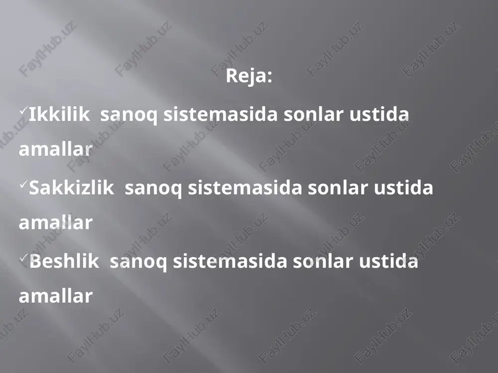 4 4 5 6 7 10 11 12 13 5 5 6 7 10 11 12 13 14 6 6 7 10 11 12 13 14 15 7 7 10 11 12 13 14 15 16 yuqoridagi jadvallarga mos sonlarni qo`shishga misollar keltiramiz. 11011102 2305478 + 1101012 + 3267158 101000112 5574648 o`nli va boshqa pozitsion sanoq sistemalarida sonlarni ayirish. quyidagi misollarni qaraylik. 1-misol. 3848 sonidan 725 sonini ayirish talab qilinsin. dastlab kamayuvchi va ayriluvchida xonalar sonini tenglashtiramiz. ayriluvchini 0725 ko`rinishda yozib, sonlarni koeffitsientli o`nning darajalari ko`rinishida yozamiz. 3848= 3·103 + 8 ·102 + 4·10 + 8 0725= 0·103 + 7·102 + 2·10 +5 endi 3848 – 0725 ayirmani quyidagi ko`rinishda yozamiz. 3848–0725= (3 · 103 +8 · 102 + 4· 10 +8) – (0 · 103 +7· 102 + 2·10+5)= 3· 103 + 8 · 102 + 4· 10 +8 - 0· 103 - 7·102 - 2·10-5; yig`indi va ayirma …