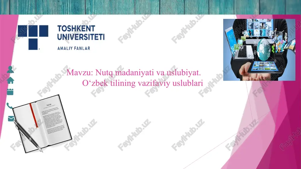 ashuv uslubi. 2. rasmiy uslub. 3. ilmiy uslub. 4. publitsistik uslub. 5. badiiy uslub. so‘zlashuv uslubi. bu uslub o‘z leksikasi, fonetikasi, morfologiyasi va sintaksisi bilan xalqning oddiy so‘zlashuv tilini o‘zida aks ettiradi. so‘zlashuv uslubi uchun oddiylik, soddalik, betakalluflik, hayajonlilik xosdir. xalq orasida keng tarqalgan «qosh qorayguncha», «qovog‘ini uyub», «ko‘zini olaytirib», «uchchiga chiqqan» kabi frazeologizmlarda; jo‘ra, og‘ayni, jonginam, oqshom, erta-mertan kabi so‘zlardan; -uvdi (borundi), -chiydi (o‘qigichiydi), -iydi (boriydi, so‘riydi), -chi (dorichi, mashinachi), -qira (sirqiramoq, oqarinqiramoq) kabi ^ yasovchilardan, gapning dialogik, to‘liqsiz, bir tarkibli, so‘z-gap kabi shakllaridan foydalanish so‘zlashuv uslubida bir qadar ko‘proq uchraydi. rasmiy-idoraviy uslub. bu uslub rasmiy hujjatlar til xususiyatlarini o‘zida mujassamlashtiradi. jamiyatdagi ijtimoiy-huquqiy munosabatlar, davlat va davlatlararo rasmiy, siyosiy-iqtisodiy, madaniy aloqalar uchun xizmat qiladi. e’lonlar, qarorlar, qonunlar, sud va davlat idoralari hujjatlari shu uslubda yoziladi. rasmiy uslub hayotda juda keng qo‘llaniladi. shuning uchun uning lug‘ati rang-barang so‘zlardan tashkil topadi. masalan: e’lon bugun kech soat sakkizda mahalla xotin-qizlar kengashining navbatdan …