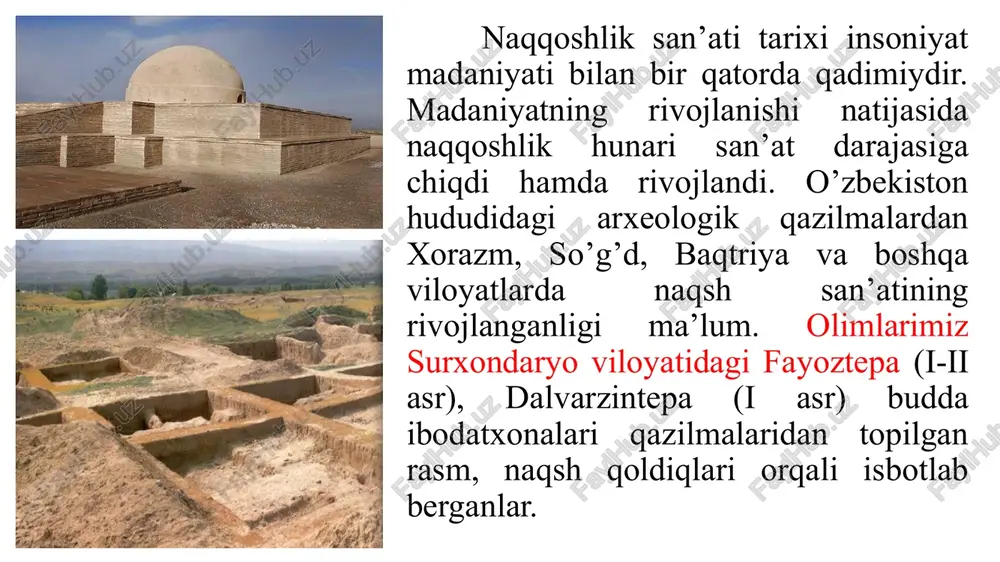lanib, binolarning ichki tomoniga ganch, yog’och o’ymakorligini qo’llash yuksak rivoj topdi. ayniqsa, maqbaralarning peshtoqlari, devor va ravoqlar ganch-naqshlar bilan juda nafis bezatiladi. naqshlar murakkablashib bordi. ularning yangi nusxalarida ramz, tasvirlar, duo, tasbih, sura va oyatlarni ko’ramiz. ramziy naqshlar dunyoda sodir bo’layotgan voqeliklar, tilaklarni aks ettirgan. har bir chizilgan naqshda o’ziga xos ma’no bo’lgan. chunonchi, o’simliksimon naqsh gulsapsarni olaylik, u osoyishtalik va umr uzoqlik timsoli, “pechak islimiy” naqshi boylik va farovonlikni, novda va yaproqlar esa to’kinchilik hamda bahor chog’ida uyg’onishni bildiradi. musavvirning tasvirlari bu uning ona tabiatga bo’lgan muhabbatini, bildiradi. uning ranglari o’ziga xos ma’no va harakterga ega. naqsh o’zbek madaniyatining hamma bosqichlarida hamroh bo’lib kelgan. eng oddiy printsiplari bir-biriga mutanosiblik, uyg’unlik va usullarini ajoyib qayta-qayta takrorlashuvidir. xalq naqqoshlari naqshlarning har bir detaliga alohida e’tibor berib, uning tabiiyligini yo’qotmaganlar, har bir element ustida puxta fikr yuritganlar. har bir naqsh negizida ma’lum ramziy ma’no singdirilgan. xi-xii asrlarda o’zbekiston hududida arxeologik topilmalar shuni …