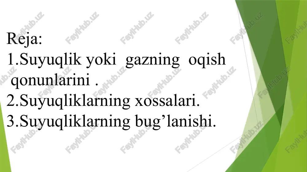iz issiqlik harakati tufayli ayrim molekulalar to’qnashuv paytida shu kuchlarni engib chiqadigan energiyaga ega bo’ladi va suyuqlik sirtidan chiqib ketadi. shu jarayonga suyuqlikning bug’lanishi deyiladi. image1.png image2.png image3.jpeg image4.png image5.png image6.png /docprops/thumbnail.jpeg
