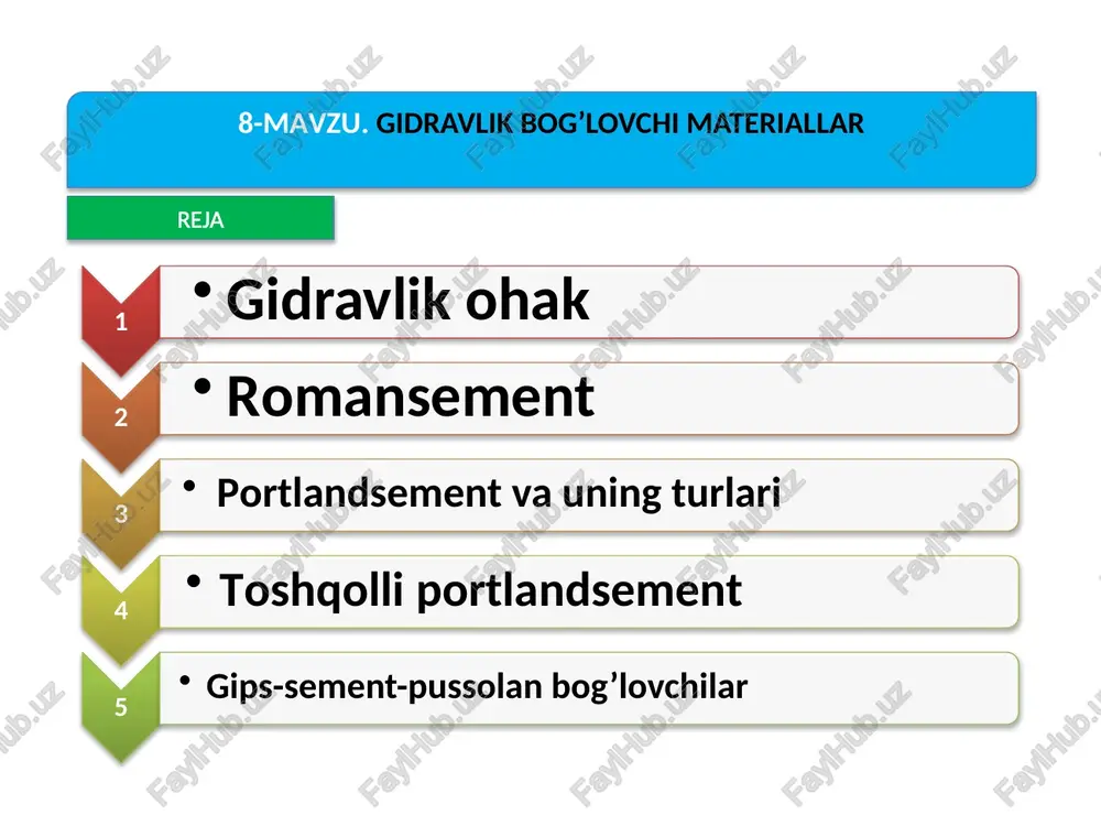 ement klinkerini olishni ta’minlaydigan tog’ jinslari kam uchraydi, shu sababli hom ashyo aralashmasiga qo’shilmalar kiritiladi. ohaktosh gil-tuproq portlandsement qo’shilmalar miqdori shunday miqdorda tanlanadiki, qizdirishda hosil qilingan portlandsement klinkeri quyidagi kimyoviy tarkibga ega bo’lsin : odatda hom ashyo aralashmasi 75 – 78% ohaktoshdan, 25–22% gildan iborat bo’ladi. o’rtacha hisobda 1 t sement olish uchun 1,5 t hom ashyo sarflanadi. 63 – 68 % - cao; 4 – 8 % - al2 o3; 19 – 24 % - sio2; 26 % - fe2o3; portlandsement portlandsementni ishlab chiqarish quyidagi jarayonlardan iborat: hom ashyo aralashmasini tayyorlash klinker olish uchun hom ashyo aralashmasini pishirish klinkerni gips bilan maydalash ho’l usul – hom ashyo materiallarining namligi yuqori bo’lgan xollarda qo’llaniladi. mukammal usul – bu usulda shlam xo’l usul bo’yicha tayyorlanadi va uni namligi 40 % bo’ladi. keyin shlam maxsus filtrlarda namligi 16 – 18 % gacha quritiladi. hosil bo’lgan xom ashyo kuydirishga yuboriladi. portlandsement quyidagi usullarda …