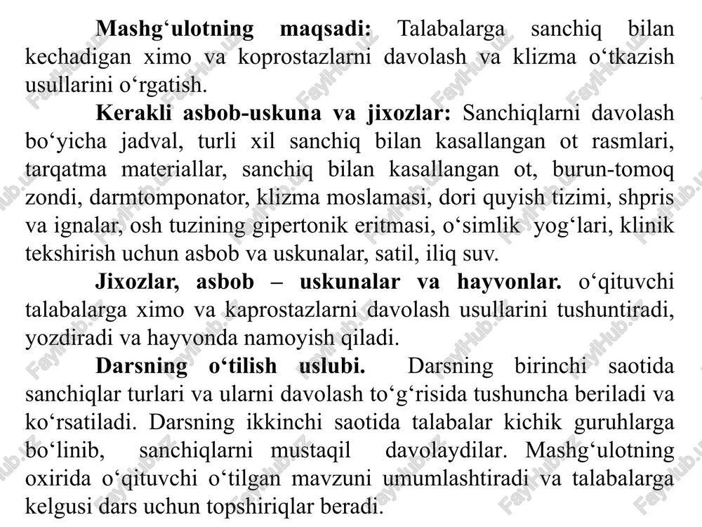 ximo va kaprostazlar (obturatio intestinorum) - ingichka (ximostaz) yoki yug‘on (kaprostaz) ichak bo‘limlarida oziqa massasining turib qolishi bo‘lib, ko‘pincha otlar, qisman it va boshqa hayvonlar kasallanadi. paralitik ileuslar guruhiga kiruvchi kolik hisoblanadi. davolash. oldingi bo‘lim ichaklar ximostazida oshqozonga zond yuborilib, ixtiol yoki natriy gidrokarbonat eritmalari bilan yuvib turiladi. venaga 30-50 ml 10 %li analgin, 50-100 ml 10 %li xloralgidrat yoki 150-200 ml 10 %li magniy sulfat eritmalari yuboriladi. paranefral yoki epiplevral novokainli blokadalar yaxshi yordam beradi. 2-6 l miqdoridagi shilimshiqli suyuqlik, 500-900 ml o‘simlik moyi, 300-400 g surgi dorilar ichiriladi. teri ostiga 0,01-0,1 g pilokarpin, 0,01-0,03 g prozerin yuborish mumkin. qorin sohasi massaj qilinadi, chuqur klizmalar, yurgizish, venaga 300-500 ml 5 %li natriy xlorid eritmasidan glyukoza va kofein bilan birgalikda yuborish tavsiya etiladi. keyinchalik diyetik oziqlantirish va kattaral enteritdagidek davolash davom ettiriladi. klizmalar. to‘g‘ri ichak orqali yuborilayotgan suyuqlikning miqdoriga qarab mikro- va makroklizmalar farqlanadi. mikroklizmada yuborilayotgan suyuqlikning miqdori 50 ml. …