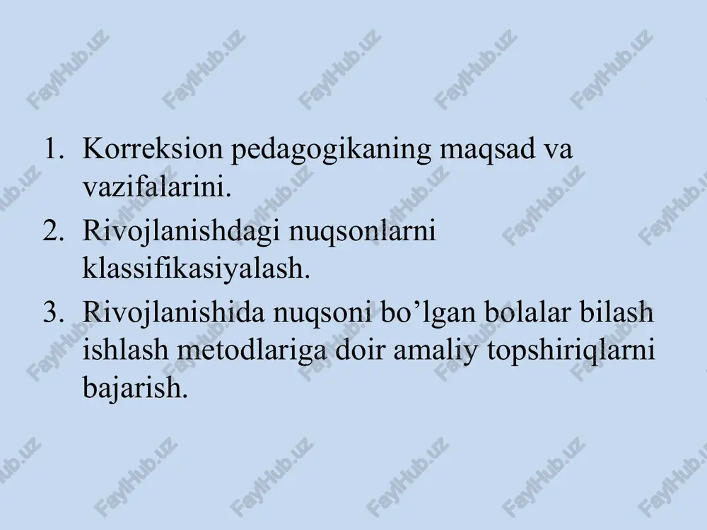 savollari: maxsus pedagogika qanday fan? 2. maxsus pedagogika o’z ichiga qanday sohaarni qamrab oladi? 3. korreksiya nima? 4. maxsus pedagogikaning maqsadi nima? 5. maxsus pedagogikaning asosiy vazifalariga nimalar kiradi? 6. maxsus pedagogik faoliyat nima degani? 7. aqli zaif bolalarni maxsus usullar yordamida o’qitish va tarbiyalash kim tomonidan asoslangan? 1. maxsus pedagogika (defektologiya, yunoncha “defektus”-nuqson, kamchilik, “logos”-fan, ta’limot) rivojlanishda jismoniy yoki psixik kamchilikka ega, maxsus, individual tarbiyalash va o’qitish metodlariga asoslangan, imkoniyatlari cheklangan bolalarni rivojlantirish jarayonini boshqarishni o’rganuvchi fan. 2. maxsus pedagogika o’z ichiga quyidagi sohalarni qamrab oladi: surdopedagogika (eshitish qobiliyati buzilgan...) tiflopedagogika (ko’rish qobiliyati buzilgan...) oligofrenopedagogika (aqli zaif bolalar...) logopediya (nutqiy buzilishlar) 3. maxsus pedagogika (tayanch harakat apparatining murakkab nuqsonlari) (yunoncha “correctio” – tuzatish) – pedagogik uslub va tadbirlardan iborat maxsus tizim yordamida anomal bolalarning psixik va jismoniy rivojlanish kamchiliklarini qisman yoki to’liq tuzatish. 4. turli toifali anomal (“noto’g’ri” jismoniy yoki ruhiy nuqsonlarga ega) bolalarni rivojlantirish, o’qitish va tarbiyalash, belgilangan …