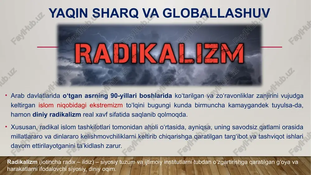 ikni ta'minlanishi va tinchlik hukmron bo’ladigan hududlarni kengaytirishi kutilgan edi. buning o'rniga tuzilmaviy o'zgarishlar, nomaqbul va adolatsiz tinchlik shartnomalari va aqshning terrorizmga qarshi kompaniyasi yanada tartibsizlik va beqarorlikka olib keldi. arab va musulmon ziyolilari yaqin sharqda madaniy o'ziga xoslik juda qadrlidir. shu sababli, arab va musulmon ziyolilari globallashuv sharoitida, ayniqsa, ko‘pchilik buni amerikalashuvga teng deb hisoblagan holda, o‘zlarining madaniy o‘ziga xosligi va mustaqilligini saqlab qola olmasligidan qattiq xavotirda edilar. musulmonlar o‘z dinlari haqida doimo qayg’urib kelganlar. chunki islom dini nafaqat e’tiqod, balki musulmonlarning hayotining barcha jabhalarini, jumladan, iqtisodiy bitimlar, nikoh va ajralishlar, davlat ishlarini tartibga soluvchi qonundir. husayn favzi al-najjar (1918-2003) husayn favzi al-najjar (misrlik tarixchi, siyosatshunos, strateg va islom olimi)ning fikricha, arab ziyolilari globallashuvga nisbatan uch xil munosabatda bo‘lishadi: birinchi guruh, uni “imperializmning eng yuqori bosqichi” va madaniy merosi va milliy o‘ziga xosligiga tahdid soluvchi “madaniy bosqin” deb rad etuvchilardan iborat. ikkinchi guruh, arab mutafakkirlari globallashuvni zamonaviy ilm-fan, ilg‘or …