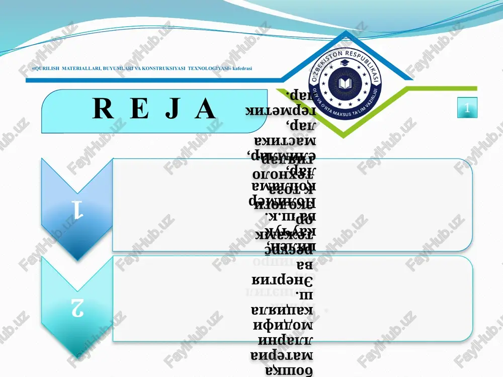 si texnologiyasi» kafedrasi polimer mastikalar 35 polimer mastikalar. neftli bitum yoki qatron, mineral to'ldiruvchilar va antiseptik qo'shimchalar aralashtirib tayyorlangan bo'tqasimon ashyoga mastika deb ataladi. bunday mastikani olish uchun maydalangan talk, magnezit, ohaktosh, dolomit, bo'r, tsement, qattiq turdagi yoqilg'ilarning kulidan hosil bo'lgan kukunsimon to'ldirgichlar, hamda asbest, mineral paxta va boshqa turdagi tolali to'ldirgichlar ishlatilishi mumkin. mastikalar bog'lovchining turlari va qo'llash usullariga ko'ra quyidagilarga bo'linadilar: a) bog'lovchining turi bo'yicha - bitumlilar, bitum-rezinalilar, bitum-polimerlilar; b) qo'llanish usullari bo'yicha - issiq (160-1800s haroratgacha oldindan qizdirilgan bitumli mastikalar va 1300s haroratgacha oldindan qizdirilgan qatronli mastikalar) va sovuq mastikalar (suyultirilgan bitumni hosil qilish uchun maxsus erituvchilar yoki mexanikaviy usulda suyultirilib to'ldirgichlar bilan aralashtirilib tayyorlanadi). bunda havoning harorati 50s dan past bo'lmasligi lozim. agar havoning harorati 50s dan past bo'lganda mastika 60-700s haroratgacha isitib tayyorlanadi. v) ishlatilishi bo'yicha - yopishtiriluvchilar, tombop izolyatsion, asfaltli gidroizolyatsion va antikorrozion. «qurilish materiallari, buyumlari va konstruksiyasi texnologiyasi» kafedrasi polimer mastikalar 35 polimer …