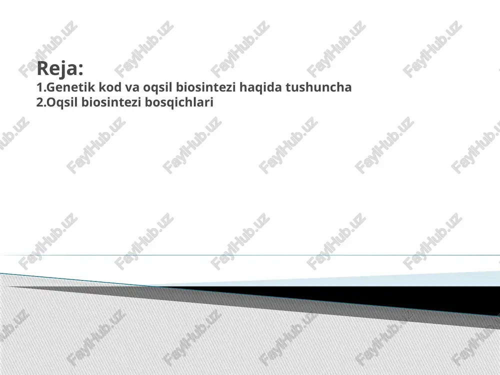 rminatsiya. 3. protsessing – oqsil yetilishi.aminokislota aktivlanishi •mg+2 ga bog`liq aminoasil-trnk-sintetazalar (ars-aza yoki kodaza) • α-karboksilaminokislota α-fosfat atfga hujum qiladi, natijada 5ꞌ-aminoasiladenilat hosil bo`ladi. •aminoasil guruhi trnkga ko`chadi. aminoasillangan trnk 2 natijaga olib keladi: •peptid bog` hosil qilish uchun aminokislota aktivlanishi. •aminokislota adapter trnkga birikadi, bu aminokislotaning o`sayotgan polipeptidda to`g`ri joylashishini ta’minlaydi. •aminoasil-trnk-sintetaza va trnk ta’sirlashuvi «ikkinchi genetik kod» deb ataladi. •oqsil sintezi n-oxirida boshlanadi va o'sib borayotgan polipeptidning c-oxiriga ketma-ket aminokislotalar ulanishi natijasida sodir bo`ladi. •initsiator kodon aug n-oxiridagi metionin qoldig`iga to`g`ri keladi. •metionin uchun bitta kodon mavjud - 5ꞌaug, barcha organizmlarda metionin uchun ikkita trnkga ega: •birinchi trnk faqat initsiator kodon uchun, ikkinchisi - metionin qoldig`ini polipeptid zanjirining ichiga kiritish uchun. •bakteriyalarda initsiator aminokislota bu formilmetionindir. •eukariotlarda initsiator aminokislota metionindir. initsiatsiya •initsiatsiyalovchi komplekslar: •30s ribosoma if-1 va if-3 bilan bog`lanadi. •if-3 30s i 50s subbirliklar erta ulanishini oldini oladi. •30s- subbirlik bilan mrnk bog`lanadi. bakteriya ribosomalari 3ta bog`lanish …