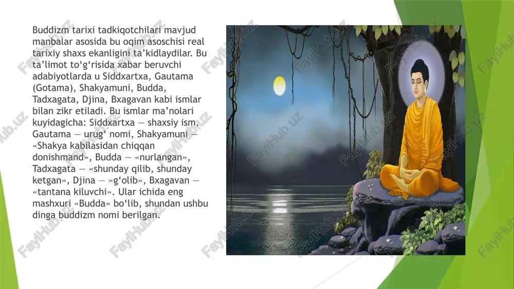buddizm hindistonda inqirozga yuz tuta boshladi va pirovardida bu yerda uning oʻrnini xinduizm toʻliq egalladi. ammo buddizm shri lanka, jan. sharkiy osiyo va markaziy osiyo orkali xitoy, koreya, yaponiya va tibetga yoyilib ulgurgan edi. shri lanka va jan. sharqiy osiyoning materik qismida buddizm txeravadasi (qad. anʼanalarga sodiqlik), xitoy, koreya, yaponiya va tibetda esa maxayana (yangicha yondashuvlar) tarkaldi. 15-asrda osiyo qitʼasida paydo boʻlgan yevropaliklar buddizm bilan tanishdilar. ularning baʼzilari buddizmga kirgach, angliya, germaniya, aqshda oʻz jamoalarini tashkil etdilar. xitoylik va yaponiyalik muhojirlar bu eʼtiqodni gavay orollari va aqshning gʻarbiy sohillariga olib keldilar. hozirgi paytda aqshga koʻplab yapon va tibet rohiblari hamda olimlarining kirib kelishi natijasida mamlakat boʻylab yirik buddizm jamoalari tashkil topdi. buddizmning bir necha xalqaro tashkilotlari ham mavjud. buddizm. zaminida 3 narsa — budda , dharma va sangxaga eʼtiqod yotadi. budda (siddhartha gautama) oliy haqiqatga yetishishning yorqin timsoli. dharma — gautama qoldirgan taʼlimot. bu taʼlimotning eng qisqa bayoni "toʻrt oliy …
