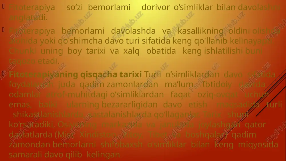 biyot olamida mashhurdir. bular qatoriga farmakologlardan i.k.kornilov, m.b.sultonov va ularning bir qator shogirdlarini (u.b.zakirov, s.s. azizova, x.u.aliyev va boshqalarni) keltirish mumkin. ushbu institutda parpi (akonit) o‘simligidan olingan alkaloid sanaluvchi aritmiya kasalligida samarali bo‘lgan allapinin preparati ko‘p xorijiy mamlakat olimlari (vrachlar, kimyogarlar, dorishunoslar) tomonidan tan olindi va tibbiyot amaliyotida keng iniqyosida ishlatib kelinyapti. dorivor o’simliklarning shifobaxsh ta’siri ularning tarkibidagi biologik faol moddalarga bog‘liq. bu moddalarning kimyoviy tuzilishi turlicha bo’lib, har xil farmakologik ta’sirga ega bo’lishi 0‘simlik tarkibidagi biologik faol moddalar birinchi va ikkinchi jarayonda hosil bo‘ladi. birinchi jarayonda sintez bo’ladiganlarga oqsillar, lipidlar. karbon suvlar, fermentlar va vitaminlar. ikkinchisiga esa alkaloidlar, glikozidlar, fenol birikmalari, efir moylari, oshlovchi moddalar, pektinlar, kumarinlar, fitonsidlar va boshqalar kiradi. fitoyighna preparatlarning shifobaxsh ta’siri tarkibidagi biologik faol moddalardan kelib chiqadi. ulardagi asosiy ta'sir etuvchi moddalarni (alkaloidlar, glikozidlar, kumarinlar va boshqalar) ta’siri esa kompleks ravishda bo" la olmay, spetsifik hisoblanadi. masalan. yurak glikozidlaridan digoksin, digitoksin, rauvolfiya o’simligidan rezerpin, aymalin, …