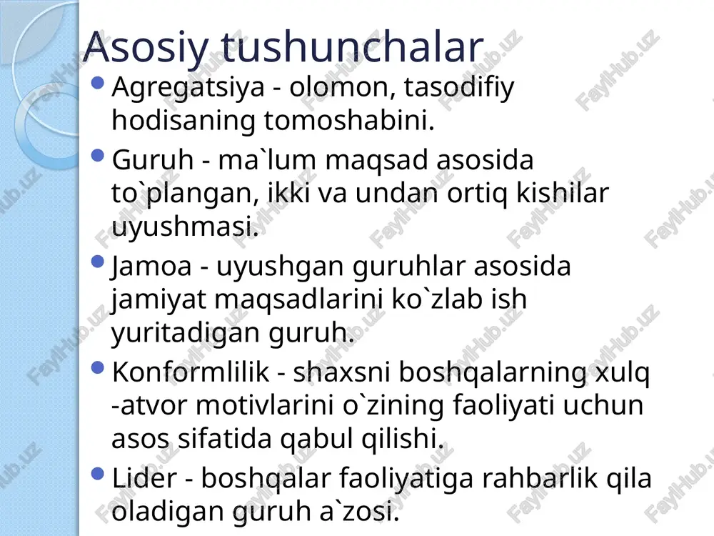 yushmasi, olimalar va psixologlar uyushmasi kabilarni jamoa deyish mumkin. jamoadagi kishilar umuminsoniy maqsad yo`lida xizmat qiladilar. demak, jamoa deb umumiy maqsadlari asosida birlashgan, jamiyatning bir qismi hisoblangan va ana shu jamiyat maqsadlariga to`la bo`ysungan kishilar guruhiga aytiladi. 7 fikringizni bildiring! jamoa va shaxs. jamoachilik shaxsning xislati sifatida odamning jamiyat taraqqiyoti maqsadlari bilan birdamligining ifodasidir. bu ijtimoiy birdamlik mehnatda namoyon bo`ladi va mehnatning tarkibiga quyidagilar kiradi: mehnat va ijtimoiy faollik, javobgarlik va burch hissi va boshqalar. 9 har qanday jamoaning maqsadlari shu jamoaning o`z ichida cheklanmay, jamoa doirasidan chetga chiqishi kerak. snunda jamoa a`zolarining javobgarlik hissi ortadi. har bir jamoa o`zidan katta bir jamoaning bir qismidir. masalan: 2 - kurs talabalar jamoasi fakul’tet jamoasining, fakul’tet jamoasi esa universitet jamoasining bir qismidir. kishi shaxs sifatida tug`ilmaydi, balki boshqa kishilar bilan munosabatlardagina shaxsga aylanadi. shaxs deb, jamiyatda faoliyatda bo`ladigan, yuksak ongga ega bo`lgan kishiga aytiladi. agar yasli yoshidagi bolalar kattalar bilan munosabatda bo`lmasalar, …