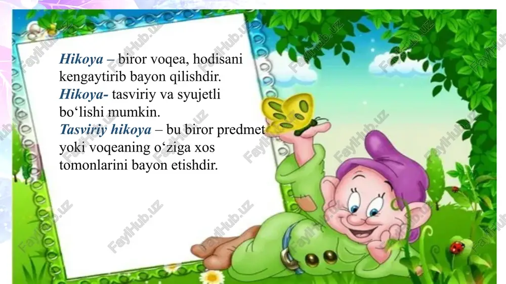 hokama qilish tavsiya etiladi. bu usuldan katta va maktabga tayyorlov guruhlarida reja asosida hikoya qilishga o'rgatishning dastlabki bosqichida foydalaniladi. jamoa bo‘lib hikoya tuzish usuli. bu usul o'ziga xos bo’lib, undan bolalarni ijodiy hikoya tuzishga o'rgatishda foydalaniladi. oldindan belgilab qo'yilgan hikoya rejasini ketma-ket muhokama qilish jarayonida tarbiyachi va bolalar ayrim javoblarni tinglaydilar, ulardan qaysi biri yaxshiroq ekanligini muhokama qiladilar. hikoyani qismlar bo'yicha tuzdirish usuli. ayrim mashg'ulotlarda hikoyani qismlar bo'yicha tuzdirish usulidan foydalanish mumkin. bu usul hikoya tuzishni yengillashtiradi, chunki topshiriq hajmi kamayadi. mashg'ulot ancha qiziqarli va xilma-xil bo'lib, hikoyalar to'liq va chuqur mazmunga ega bo'ladi, ko'p bolalardan so'rash imkoniyati vujudga keladi. savollar berish usuli. bu usul hikoya qilishga o'rgatishda ikkinchi darajali ahamiyat kasb etadi. savollar, asosan, hikoya aytib berilgandan keyin aniqlik kiritish va to'ldirish maqsadida beriladi. aytib turish usuli. hikoya qilish jarayonida bola qandaydir xatoga yo'l qo'yishi yoki ayrim joyini esdan chiqarganda so'z yoki gapni aytib turishdan foydalanish o'rinli. bolaning xatosini …