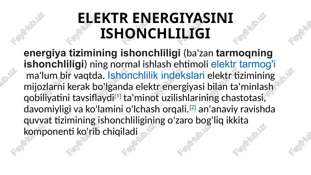 uyidagi omillar elektr uskunalarining ishonchliligiga bevosita ta’sir qiladi: material va konstruktsion sifat: past sifatli materiallar, noto‘g‘ri konstruktsiya yoki zaif montaj uskunaning muddatidan oldin ishdan chiqishiga olib keladi. elektr va mexanik yuklamalar: kuchlanish tebranishlari, ortiqcha harorat, vibratsiya — ular izolyatsiyaning sinishiga, qisqa tutashuvga olib keladi atrof-muhit sharoitlari: namlik, chang, korroziya, yuqori harorat, agressiv gazlar kabi sharoitlar uskunaning ishlash muddatini qisqartiradi. himoya tizimlari va uskunalarining maqsadi elektr uskunalarini qisqa tutashuv, ortiqcha yuklama, yerga tutashuv, kuchlanish sakrashi, izolyatsiya buzilishi kabi nosozliklardan himoya qilish. avariya sodir bo‘lganida tizimni tezkor ajratish va boshqa qismlarga zarar yetkazmaslik. inson hayoti va mulk xavfsizligini ta’minlash. elektr himoya tizimlarining asosiy turlari turi vazifasi qo‘llaniladigan joy tokdan himoya (tok rele, avtomat) ortiqcha yuk yoki qisqa tutashuv paytida zanjirni uzadi har qanday elektr tarmog‘ida kuchlanishdan himoya (rele, stabilizator, ovr) haddan ortiq yoki past kuchlanishda uskunani uzadi nozik elektronika, transformator, motorlar tok urishidan himoya (uzo, rcd, differensial avtomat) izolyatsiya buzilganda odamni elektr …