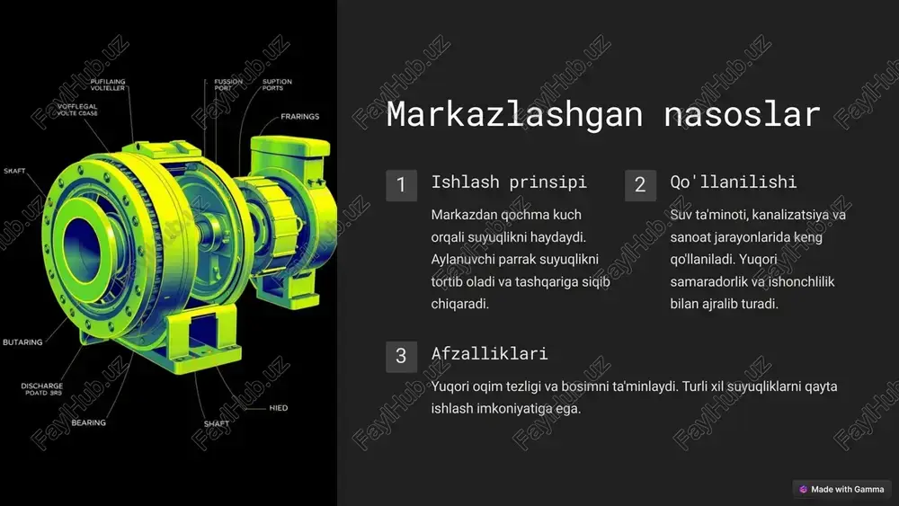 iradi va ishlash samaradorligini oshiradi. ko'p qirrali turli chuqurliklarda ishlashi mumkin. suv ta'minoti va sanoatda keng qo'llaniladi. 6 quvvatli nasoslar quvvat diapazoni 100 kw dan yuqori oqim tezligi 1000 m³/soat gacha bosim 100 bar gacha qo'llanilish sohalari neft-gaz sanoati, suv ta'minoti afzalliklari yuqori unumdorlik, uzoq muddat xizmat qilish 7 tezboshlash nasoslari suv kirishi yuqori tezlikdagi suv oqimi nasosga kiradi. venturi effekti hosil bo'ladi. vakuum hosil bo'lishi tezlik oshishi bosimni pasaytiradi. bu qo'shimcha suvni so'rib olishga imkon beradi. aralashish asosiy va qo'shimcha oqimlar aralashadi. bosim oshadi va suv chiqish quvuriga yo'naltiriladi. 8 vakum nasoslari 1 ishlash prinsipi havoni yoki gazlarni so'rib oladi. yopiq tizimda past bosimni hosil qiladi. 2 turlari rotatsion, membranali va diffuzion vakum nasoslari mavjud. har biri turli bosim darajalarini ta'minlaydi. 3 qo'llanilishi laboratoriyalarda, yarimo'tkazgichlar ishlab chiqarishda va oziq-ovqat qadoqlashda ishlatiladi. havosiz muhit yaratish uchun zarur. 9 suyuqlikli vorteks nasoslari suyuqlik halqasi aylanuvchi suyuqlik halqasi hosil bo'ladi. bu halqa …