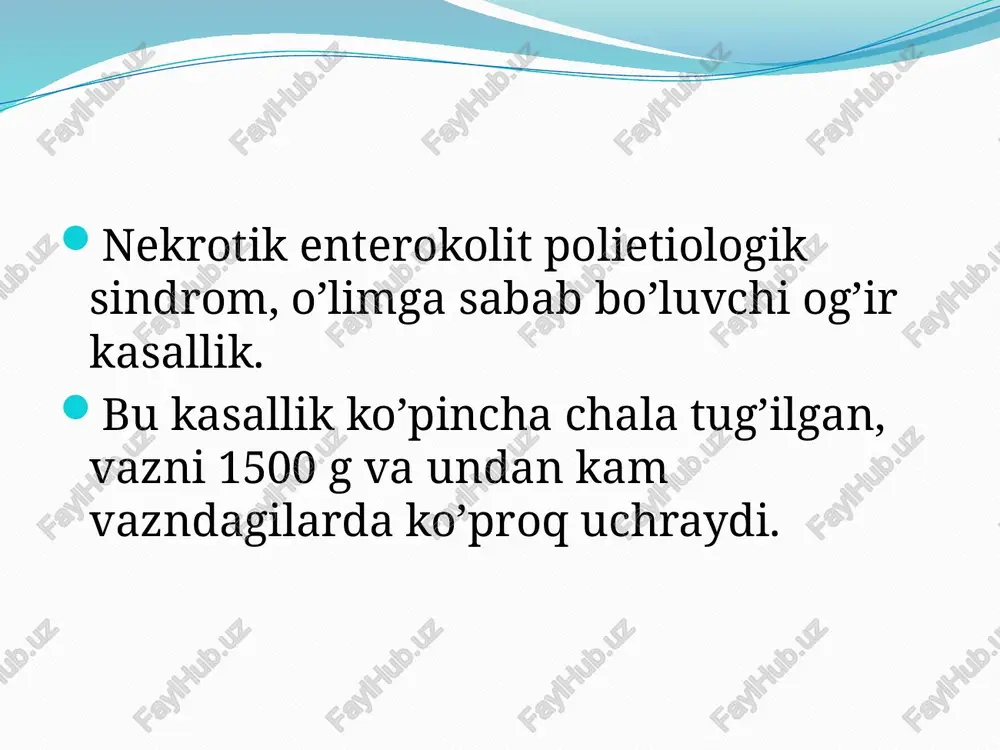ya’ni perforatsiya shakli bo’lib, 2-3 kun ichida rivojlanadi. bu tug’ruq paytida asfiksiya, bosh yoki orqa miya shikastlanishiga duchor bo’lgan yetilib tug’ilgan katta bolalarda, shuningdek gemolitik kasalligi bo’lgan yangi tug’ilgan bolalarda, oshqozon-ichak trakti nuqsoni bo’lgan bolalarga xos. o’tkir shakli ichak teshilishi odatda 2-3 kunni oladi 1500 g dan ortiq og’irlikdagi erta tug’ilgan chaqaloqlar uchun ingichka ichakning mahalliy shikastlanishi odatiy hol hisoblanadi. o’tkir osti shakli ko’pincha erta tug’ilgan chaqaloqlarda ( og’irligi 1000 g dan 1500 g gacha) va tana og’irligi juda kam (1000 g dan kam) bo’lgan bemorlarda rivojlanadi. birinchi alomatlar hayotining 12-45-kunlaridan to’satdan paydo bo’ladi. 17 rentgenologicheskie priznaki labarator diagnostikasi trombositopeniya – qon ivish jarayoni buzuladi dvs sindromi neytropeniya gipernatrimiya, bo’shliqlarga suyuqliklarning to’planishi axlat taxlilida qon bo’lishi qon tahlilida trombositar o’zgarish rentgenologik ichak qovuzloqlarining kengayishi ichak tutilishi keng tarqalgan pnevmatoz – o’limga sabab bo’luvchi ko’rsatkichlardan biri darvoza venasida havoning bo’lishi juda og’ir holatdir. portal sistemada havoning bo’lishi jigarga boradigan qon oqimini …