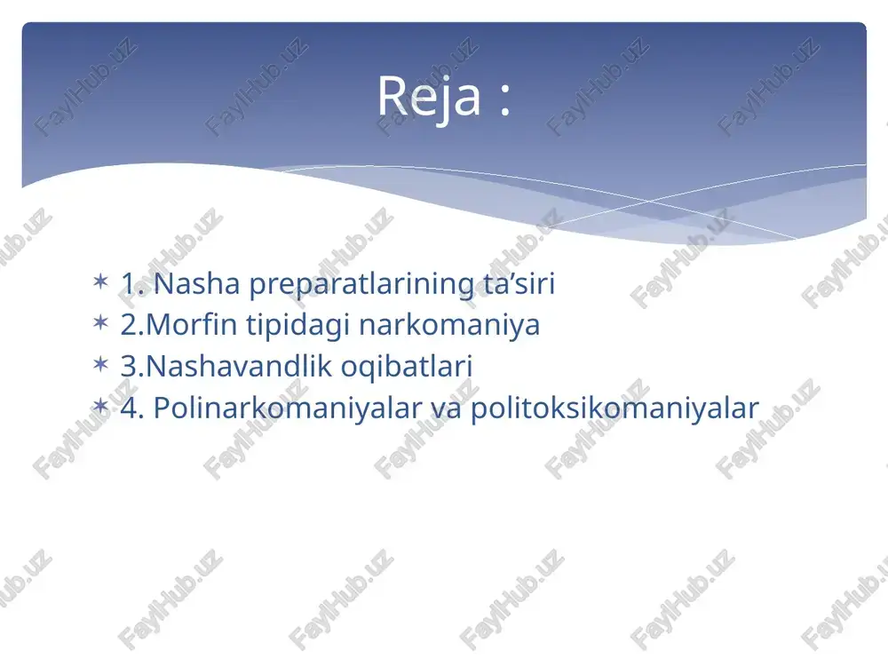 va sarosima (masalan, o‘limdan, jinni bo‘lishdan qo‘rqish) hislari chulg‘ab olgan shaxslarda kuzatiladi. nasha chekish naslga irsiy ta’sir ko‘rsatishi mumkinligi haqidagi taxminlar mavjud. nasha preparatlarini ko‘plab iste’mol qilish organizmning immun tizimini susaytiradi. morfin tipidagi narkomaniya opiy va uning preparatlarini qabul qilish oqibatida yuzaga keladi. opiyning 20ga yaqin alkaloidlari (morfin, kodein, tebain, geroin, dionin, narkotin singari), shuningdek morfinsimon ta’sirga ega sintetik preparatlari (fenadon, promedol va boshqalar) mavjudligi ma’lum. morfin tipidagi narkomaniya ko‘knor o‘sadigan va yetishtiriladigan joylarda uchraydi. u bir qator hollarda shifokorlarning ushbu preparatlarni tibbiy maqsadlarda noto‘g‘ri va nazoratsiz ishlatishlarining natijasi sifatida ham yuzaga kelishi mumkin. morfin preparatlarga nisbatan tez o‘rganib qolinadi. opiy teri ostiga, venaga kiritish yoki chekish orqali iste’mol qilinadi. kodein ichiladi, morfin, promedol – teri ostiga, venaga yuboriladi. sof holdagi modda bo‘lmaganida tarkibida opiy bo‘lgan har xil tibbiy preparatlardan foydalaniladi. narkomanlarda tez yuzaga keladigan ko‘nikish bilan bir qatorda preparatga nisbatan o‘ta tolerantlikning rivojlanishi tufayli kelib chiqadigan qabul qilinayotgan dozani …
