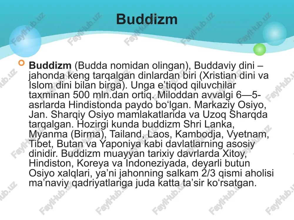tdan judo qilmaslik; 2) yolgʻon soʻzlamaslik; 3) oʻgʻrilik qilmaslik 4) jinsiy aloqaga kirmaslik; 5) mast qiluvchi ichimlik ichmaslik; 6) kunning ikkinchi yarmidan to ertangi sahargacha ovqat tanovul qilmaslik; 7) uch kiyimdan ortiq hech narsa bilan tanani bezamaslik 8) ommaviy koʻngilxushliklarda ishtirok etmaslik va tomoshabin sifatida qatnashmaslik 9) baland va yumshoq oʻrinda yotmaslik; 10) pul ishlatmaslik. sangxa jamoasiga qabul etilgan shaxs quyidagi 10 farzni ado etishga qasamyod qiladi rohiblar jamoasi asosan buddizm txeravadasi (aynan – oqsoqollar taʼlimoti)ga xosdir. maxayanada „haqiqat yoʻli“ har kim uchun ochiq: rohiblarga ham, dunyoviy kishilar (yaʼni oddiy qavm)ga ham; buddaga eʼtiqod qilinsa, bas. kengroq qaralganda, sangxa – muqaddaslik va qudrat xazinasi. qisqasi, buddizm – buddaga ergashib, dharma talablarini bajarish va sangxa jamoasining aʼzosi boʻlib qolishdir buddizm tarixi 2500-yildan ortiqdavrni oʻz ichiga oladi. unga dastlab braxmanizm va jaynizmni taʼsiri kuchli boʻlgan. imperator ashoka (miloddan avvalgi 3-asr) davrida buddizm kuchli mustaqil din sifatida shakllandi. 9 a. muvaffaqiyatli faoliyat koʻrsatgan …
