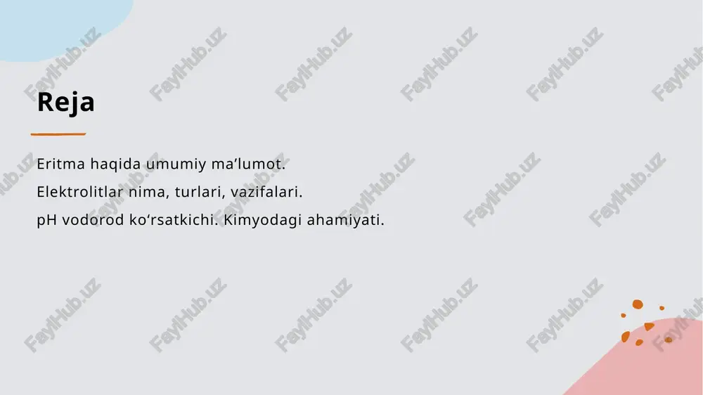 h4oh) kabi moddalardir. 3 ionlarning roli ionlar eritmada elektr o'tkazuvchanligini ta'minlaydi. ularning ta'siri, kimyoviy reaksiyalar va biologik jarayonlarda muhim ahamiyatga ega. ph darajasi: eritma muhitining kimyoviy tenglamalariga ta'siri. 1 ph darajasining ta'siri - ph darajasi eritma muhitining kislotalik yoki asosiyligini belgilaydi. bu, kimyoviy tenglamalar va reaksiya tezligini bevosita ta'sir etadi. 2 kislotalar va asoslar - kislota va asoslar ph darajasini o'zgartiradi. kislotalar eritmada protonlar chiqarib, ph ni pasaytiradi, asoslar esa protonlarni qabul qilib, ph ni oshiradi. 3 iyonlarning muvozanati - ph darajasi eritmadagi ionlar muvozanatini ham belgilaydi. o'zgarishlar ionlar konsentratsiyasiga ta'sir qiladi, bu esa kimyoviy reaksiya jarayonlarini o'zgartiradi. elektrolitlar: kimyoviy jarayonlardagi roli va ahamiyati. elektrik o'tkazuvchanligi elektrolitlar eritmalarda ionlar hosil qilib, elektr o'tkazuvchanligini ta'minlaydi. bu, ko'plab kimyoviy jarayonlarning muvaffaqiyatli o'tishini ta'minlaydi. kimyoviy reaksiya kuchli va kuchsiz elektrolitlar kimyoviy reaksiyalarning tezligi va yo'nalishini belgilaydi. ular reaksiya muvozanatini saqlashda muhim rol o'ynaydi. biologik jarayonlar elektrolitlar inson tanasida asab va mushak faoliyatini boshqaradi. …