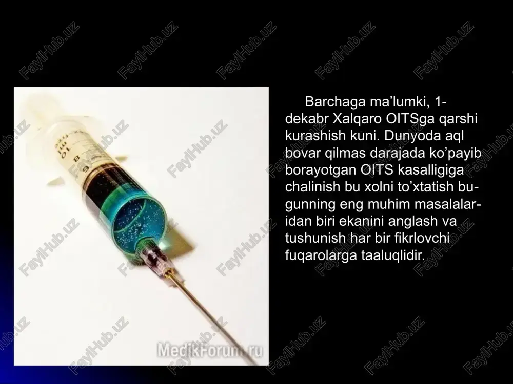 n bola tug’iladi? tranzit reyslar, avtomobil haydovchilarining 33% infeksiya bilan zararlangan va ular virus tashuvchilardir. (buyuk britaniyaning sog’liqni saqlash va ijtimoiy ta’minot vazirligining bosh tib eksporti d. edison) mdh mamlakatlarida oits bilan kasallanish to’xtamay o’sib bormoqda. 2008 yil 1 yanvar holatiga ko’ra oits ga chalinganlar (har yuz ming kishi hisobida) o’zbekiston 3.7 tojikiston 7.2 qirg’iziston 20.8 qozog’iston 49 belorusiya 79.5 ukraina 161 rossiya 250.6 oits inson immunitet tizimining zaiflashuvi oqibatida yuzaga keluvchi kasallikdir. bu dardning o‘ziga xos belgisi shundaki, oits virusini yuqtirgan inson kasalliklarga qarshi himoyachisi bo‘lgan immunitetlarining zaiflashuvi oqibatida oddiy xastaliklarga ham dosh berolmay qoladi. bu holatda yengil darajadagi bir shamollash ham insonni halok qilishi mumkin. epidemiyani nega to'xtatib bo'lmayapti? oiv kasalligining o'ziga xos epidemiologiyaga ega ekanligi; kasallikni chaqiruvchi viruslarga ta'sir etuvchi davolash vositalarining topilmaganligi; kasallik virusining odam organizmida butun hayoti davomida saqlanib qolishi va tashqi muhitga ajralib chiqish xususiyati mavjudligi; kasallikni oldini olishga qodir bo'lgan vaktsinaning yo'qligi; kasallik …