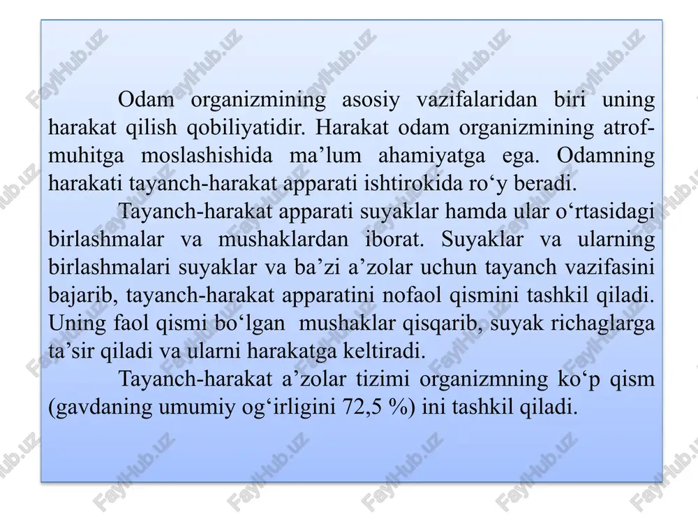 a pog‘onasi; 3–qovurg‘alar; 4–yelka suyagi; 5–yonbosh suyagi; 6–bilak suyagi; 7–kaft usti soha suyaklari; 8–qo‘l kafti suyaklari; 9–quymich suyagi; 10–son suyagi; 11–tizza qopqog‘i; 12– kichik boldir suyagi; 13–kaft usti soha suyaklari; 14–oyoq panjasi barmoq falangalari; 15–oyoq panjasi kaft suyaklari; 16–katta boldir suyagi; 17–qov suyagi; 18–dum suyagi; 19–dum g‘aza suyagi; 20–qo‘l kafti barmoq falangalari; 21–tirsak suyagi; 22– to‘sh suyagi tanasi; 23–to‘sh suyagi dastasi; 24–o‘mrov suyagi. suyaklarning tuzilishi har bir suyak (os) alohida a’zodir. suyak murakkab tuzilishga va kimyoviy tarkibga ega. suyaklarning tuzilishida suyak to‘qimasi muhim ahamiyatga ega. u metalldek qattiqlikka ega bo‘lib, molekular massasi 1,93 % (suv dan 2 barobar ko‘p). tirik suyak to‘qimada yoki yangi ajratilgan suyakda 50 % suv, 28,15 % organik moddalar, jumladan 15,75 % yog‘ va 21,85 % noorganik moddalar bor. yog‘sizlantirib quritilgan suyakni 1/3 qismini organik moddalar (ossein, xitin, muguz modda), 2/3 qismi esa noorganik moddalar (kalsiy tuzlari, ayniqsa ohak o‘rta fosfati – 51,04 %, kremniy va …