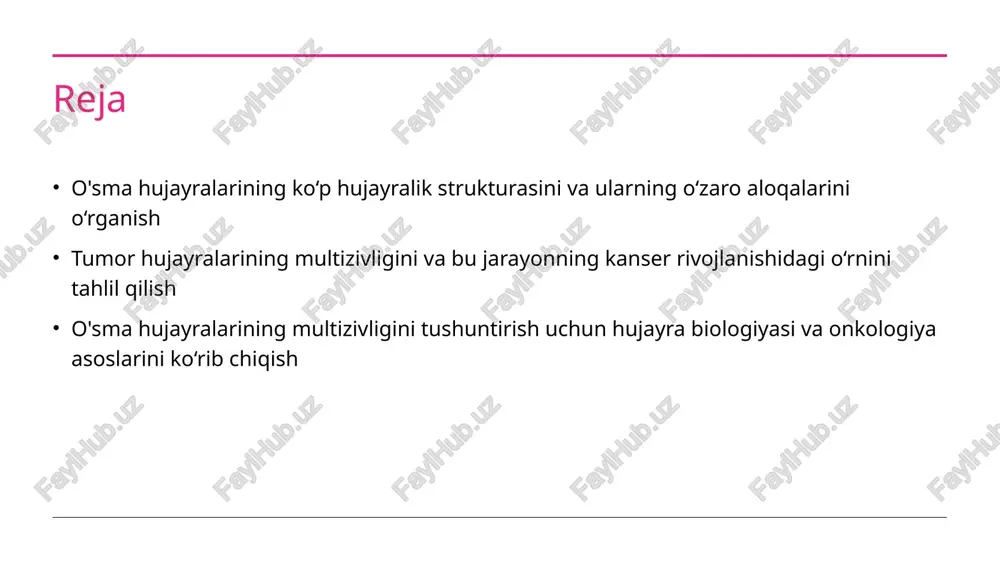 rayoni o'sma hujayralarining ko‘p hujayralik strukturada rivojlanishi genetik mutatsiyalar va hujayra signalizatsiya o'zgarishlari bilan bog‘liq, bu ularning o‘sishini va tarqalishini ta'minlaydi. morfogenez va o‘zgarishlar o'sma hujayralarining morfogenez jarayonida shakl va funktsiyalarining o'zgarishi yuzaga keladi, bu esa ularning rivojlanishi va yangi hujayra turlarining paydo bo‘lishiga olib keladi. adaptiv o'zgarishlar ko‘p hujayralik strukturadagi o'sma hujayralari muhitga moslashib, o'zaro aloqalarni kuchaytiradi, bu esa ularning immunitetdan qochish va kasallikning davomiyligini ta'minlaydi. o'sma hujayralarining ko‘p hujayralik strukturasi va onkologik rivojlanishga ta’siri 01 ko‘p hujayralik tuzilma o'sma hujayralarining ko‘p hujayralik strukturalari, normal hujayralardan farqli o‘laroq, o‘zaro bog‘liq va tartiblangan tarmoqlar shaklida rivojlanadi, bu esa ularning o‘sishini va rivojlanishini ta’minlaydi. 02 genetik o'zgarishlar ko‘p hujayralik strukturada, genetik mutatsiyalar va o‘zgarishlar o‘sishni rag‘batlantiradi, bu esa onkologik rivojlanishni tezlashtiradi va kasallikning murakkabligini oshiradi. 03 funktsional bog‘liqlik hujayralar orasidagi funktsional aloqalar, oziqlanish, signal uzatish va o‘zaro ta’sirlarni ta’minlab, tumor rivojlanishda muhim rol o‘ynaydi, bu esa metastazga olib keladi. 04 rivojlanish …