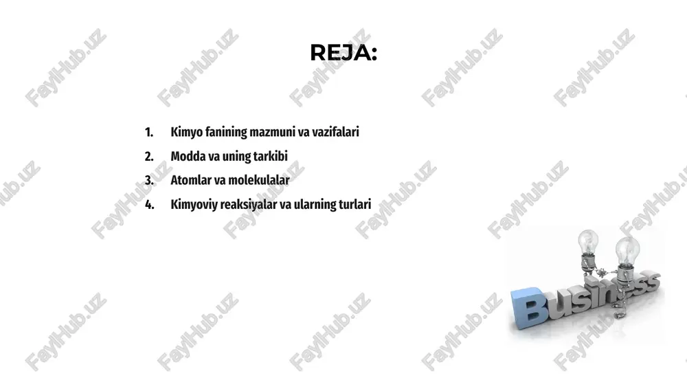 kimyoviy qonunlar moddalar miqdorlari va munosabatlarini belgilaydi. ushbu qonunlar kimyoviy reaksiyalarni aniqlashtirishda asos bo'ladi va amaliy ishlarda qo'llaniladi. stixiyometrik qonunlar reaksiya mahsulotlarining nisbatlarini aniqlaydi. ular yordamida reaksiya tenglamalari tuziladi va moddalarning aniqligi hisoblab chiqiladi. modda massasi va mol tushunchasi 01. kimyo fani materiyani o‘rganadi hamda uning tarkibi, tuzilishi, xossalari va ulardagi o‘zgarishlar to‘g‘risida asosiy tushunchalarni o‘z ichiga oladi. modda massasi bu jismning qancha miqdorda modda borligini bildiradi. mol esa moddaning miqdorini molekulalar soniga bog‘lab ifodalaydi. sitixometrik qonunlar kimyoviy reaksiyalar davomida reaksiya ishtirokchilari massasi va mol sonining saqlanishi asosida hisoblar olib boradi. 02. 03. avogadro qonuni va molyar hajm kimyo fani moddalar tarkibi, tuzilishi, xossalari va ularning o‘zgarishlarini o‘rganadi. asosiy tushunchalar: atom, molekula, element, molekulyar massa, mol dir. stixiyometrik qonunlar kimyoviy reaksiya miqdoriy bog‘liqligini o‘rganadi. ularda atomlar va molekulalar soni miqdoriga e’tibor qaratiladi. reaksiya tenglamalari tuziladi. avogadro qonuni bitta mol gazlarda zarracha soni bir xil ekanligini aytadi. molyar hajm normal sharoitda …