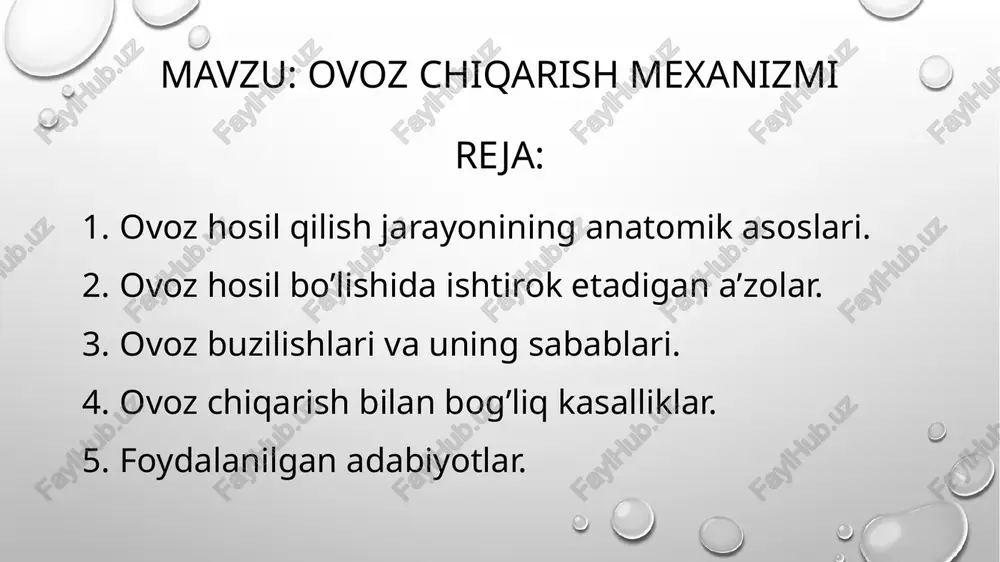 aqonli ovoz faoliyati organizmdagi gazlar almashinuvi mobaynida hosil bo‘luvchi moddalarni nafas orqali chiqarish paytida yuzaga kelishini tasdiqlaydi. aynan nafas chiqarish jarayoni ovozning tovush to‘lqini sifatida eshitish analizatoriga yetib borishiga imkon beruvchi energetik bazani tashkil etadi. ovoz apparati respirator tizimning bir qismi hisoblanadi va uning faoliyati me’yorda ham, patologiyada ham umumiy qonuniyatlarga bo‘ysunadi. shu bilan birgalikda u markaziy va periferik nerv tizimi tomonidan bevosita boshqariladi. ovoz apparatining a’zolari turli to‘qimalar – suyaklar, tog‘aylar, ko‘krak qafasi paylari, nafas yo‘llarining shilliq qavatlari, silliq va ko‘ndalang mushaklar, harakatlantiruvchi va sezuvchi nerv tolalari tizimidan tashkil topgan. ovoz apparati fonator mexanizmning faoliyati markaziy nerv tizimining turli qismlariga tatbiq etuvchi shartli-reflektor harakat funksiyasining qonuniyatlariga bo‘ysunadi.fonatsiya murakkab psixofiziologik jarayon bo‘lib, ikkita asosiy funksional qism – ovoz hosil qilish va ovozni nazorat qilish jarayonlaridan iborat sanaladi. ovoz hosil qilish – fonatsiyaning tarkibiy qismlaridan biri bo‘lib, uning natijasida asosiy maqsadga erishiladi, ya’ni hiqildoqda ovoz hosil qilinadi.ovozni nazorat qilish – fonatsiyaning …