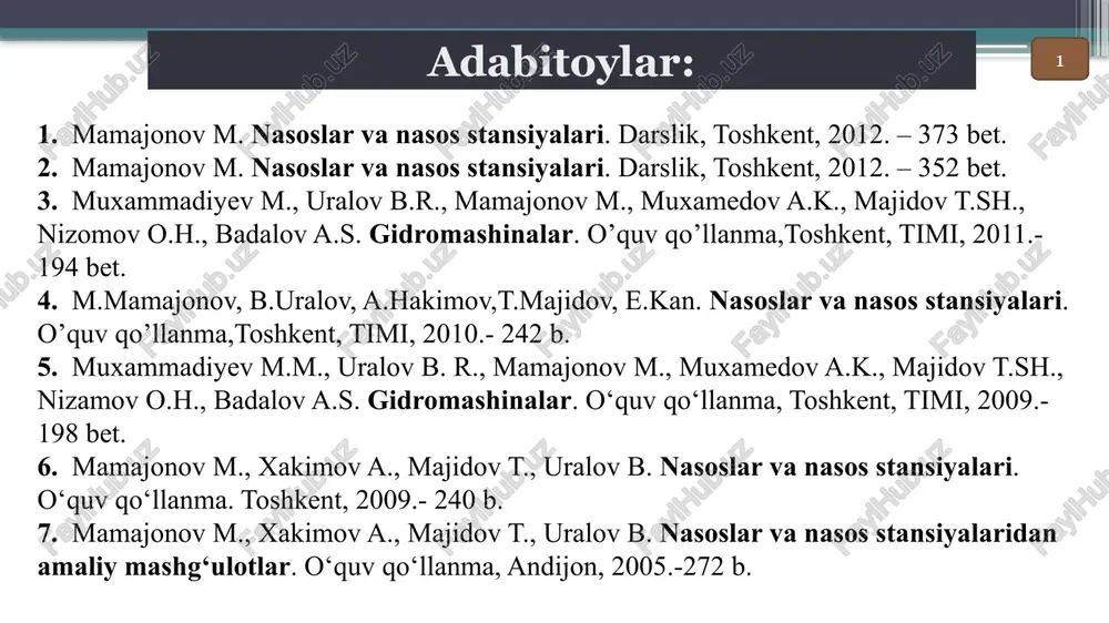 vurdagi gidravlik qarshiliklarni, quyidagi formula orqali aniqlash mumkin: ekanligini hisobga olsak, quyidagi formulsani hosil qilamiz: berilgan quvurlar sistemasi uchun l, d, f, 2g va λ o‘zgarmas bo‘lganligi sababli, - deb belgilab olamiz va quyidagi formulani hosil qilamiz: n = ngeom+ kq2 (2) quvurlar sistemasining bosim xarakteristikasi formulasi hosil bo‘ladi. formuladagi: ξ=0,08 – mahalliy qarshiliklar koeffitsenti; λ – quvurlarning gidravlik qarshiliklar koeffitsenti; l va d – quvurlarning uzunligi va diametri; f – quvurning ko‘ndalang kesim yuzasi; k – quvurning o‘lchamlari va materialini ifodalaydigan proporsionallik koeffitsenti(qarshilik koeffitsenti). 5 6 suv sarfining xar xil miqdorlarida, (2) formula bilan hisoblangan nuqtalar orqali o‘tkazilgan egri chiziq, quvurlar xarakteristikasi deyiladi (5-rasm). hosil bo‘lgan egri chiziq (quvurlar xarakteristikasi) bilan, nasosning bosim xarakteristikasi kesishgan (a) nuqta, nasos qurilmasining ish nuqtasi deyiladi(6-rasm). 5-rasm. quvurlar xarakteristikasi. 6-rasm. nasos qurilmasining ishchi nuqtasi. 7 quvurlar tizimining napor xarakteristikasi hquv(q) berilgan na­sosning napor xarakteristikasi h(q) bilan bir nuqtada kesishadi. bu nuqta nasos agregatining …