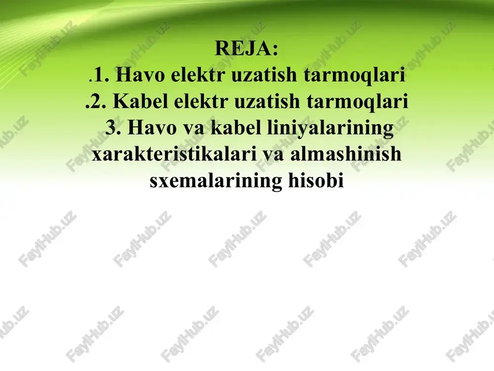 abariti – elektr tarmoq o’tkazgich simlarining eng pastki nuqtasidan yergacha bo’lgan masofa. havo liniyasining gabariti suv, yo’l polotnasida harakatlanayotgan odamlar va texnikaning xavfsiz harakatlanishi ta’minlanishi lozim. havo liniyasining gabariti nominal kuchlanishga va xudud sharoitlariga bog’liq bo’ladi (aholi turar joylari, aholi turar joylari bo’lmagan joylar). havo elektr uzatish tarmoqlarining tayanchlari o’tkazgich simlarini yer sathidan, suvdan, biror injener konstruktsiyalardan etarli masofada, xavfsiz balandlikda ushlab turish uchun xizmat qiladi. tayanchlarda yana (kuchlanish 110 kv dan yuqori bo’lganida) tarmoqni yashinning to’g’ridan-to’g’ri urilishidan va bunda hosil bo’ladigan o’takuchlanishlardan ximoya qilish uchun po’lat trosslar tortiladi. tayanchlarning tiplari va konstruktsiyalari turlicha bo’ladi. vazifasiga va havo elektr uzatish tarmoqlari trassasida joylashishiga ko’ra tayanchlar oraliq va anker bo’lishi mumkin. 4.2. rasm. o’tkazgich simlar va troslarning tayanchlarda joylashishi: a, b, v – uchburchak shaklda; g,d–faza simlari gorizontal joylashgan; a-yog’och tayanch, b,v,g-temir beton tayanchlar, d-metall tayanch simlarga mexanik mustahkamlik va egiluvchanlik berish uchun ko’p tolali po’latli alyumin simlar qo’llaniladi. po’lat tolasi …