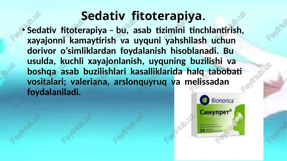 allagul), xmel’ (oddiy qulmoq). sedativ fitoterapiyadan foydalanishdan avval, albatta shifokor bilan maslahatlashish shart. chunki o’simlik preparatlari nojo’ya ta’sirga ega bo’lishi yoki qo’llash mumkin bo’lmagan holatlar yuzaga kelishi mumkin. sedativ fitoterapiya asteniya – nevroz kasalligining tez – tez uchrab turadigan ko’rinishi hisoblanadi. mahalliy anestetiklar. burishtiruvchi, adsorbsiyalovchi, o’rab oluvchi, qitiqlovchi ta’sirga ega bo’lgan vositalar. inson organizmining asab tizimi asab tizimi – tezkor tartibda javob beruvchi tizim (asab impul’sllarining bir vaqtda yuzaga chiqishi, muayyan faoliyat bilan bog’lanishi hamda asab impulslarini o’tkazishi). a) mat (markaziy asab tizimi) 1. bosh miya; a. bosh miya po’stlog’i b. po’stloq osti markazi c. uzunchoq miya 2. orqa miya. inson organizmining asab tizimi b) periferik asab tizimi 1. afferent asab tolalari 2. efferent asab tolalari afferent asab tolalari asab tizimining sezuvchi qismi efferent asab tolalari esa, ijro etuvchi qismi hisoblanadi. inson organizmining asab tizimi afferent asab tolalarining boshlang’ich nuqtalari (yoki asab tolalarining sezgi retseptorlari); og’riq sezuvchi (mehano-, xemo-, termo-); …