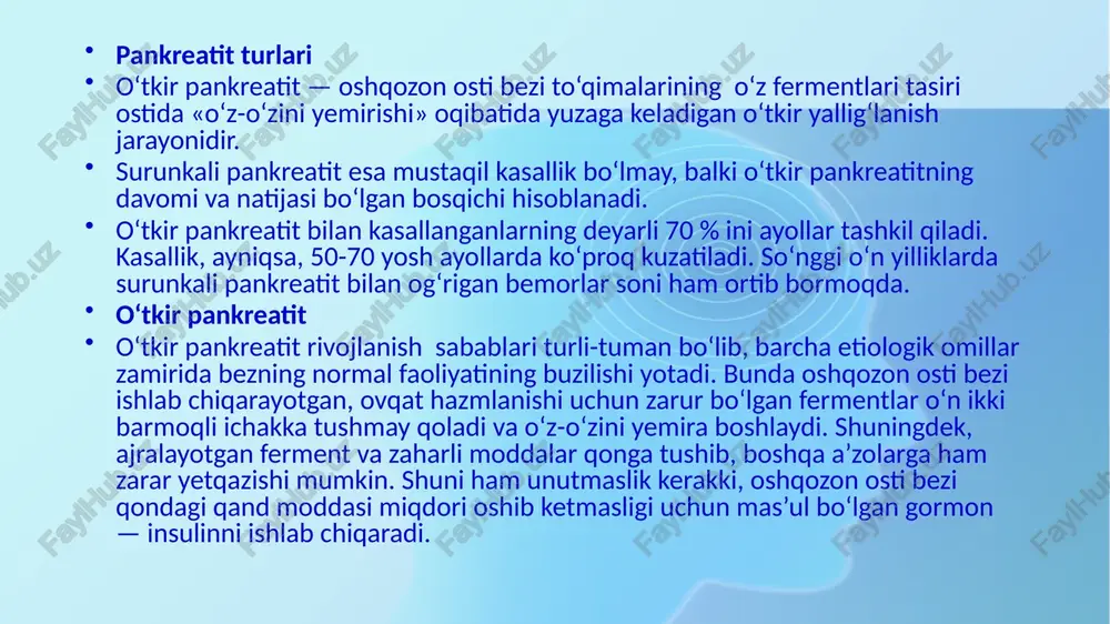 siga, bu kasallik bilan birga kelgan hamroh kasallik bor yoki yo‘qligiga, bemorning umumiy ahvoliga va boshqa ko‘plab jihatlarga qarab tayinlanadi. davolash konservativ va operativ usullar orqali amalga oshiriladi. o‘tkir pankreatit asoratlari shok; o‘tkir yurak yetishmovchiligi; peritonit; hazm tizimi a’zolaridan qon ketishi; o‘tkir buyrak yetishmovchiligi. o‘tkir pankreatit profilaktikasi spirtli ichimliklar ichmaslik; to‘g‘ri ovqatlanish; ruhiy zo‘riqishlardan chetlashish zarur. quyidagi mahsulotlarni iste’mol qilish mumkin emas: yog‘li, qovurilgan taomlar (palov, qovurilgan tovuq, qazi-qarta,yog‘li go‘sht, qo‘y go‘shti) yog‘li qaynatmalar, o‘tkir va achchiq ta’mli salatlar, ketchup va mayonezlar, tuzlamalar. kolbasa, sosiska, kalla-pocha mahsulotlari. yong‘oq, pista, dukkaklilar (mosh, loviya, no‘xat). yangi pishgan non, shirinliklar. gazli ichimliklar, qahva, qora choy, spirtli ichimliklar. o‘tkir hidli ziravorlar va ko‘katlar,nordon ta’mli mevalar. sabzavotlardan(turp, rediska, sholg‘om). uglevodlarning so’rilishi. uglevodlar ingichka ichakda asosan glyukoza, qisman fruktoza va galaktoza shaklida qonga so’riladi. ular juda sekin so’riladi, shuning uchun qopqa vena qonidagi uglevodlar miqdori 0,3% dan oshmaydi (gavdaning boshqa qismlaridagi qonda 0,1% glyukoza bor). glyukoza …