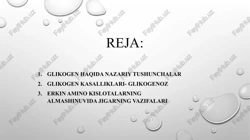 kda jigarda fosforilaza fermeatining yetishmasligi hisobiga jigardagi normal tuzilishga ega bo‘lgan glikogen sarfianmaydi, ya’ni galaktoza-1 -fosfat efirining hosil bo'lishi susayadi. anderson kasalligi - bunda glikogenni tarmoqlovchi fermentning yetishmasligi hisobiga jigarda uzun zanjirli anomal glikogenning to‘planishi kuzatiladi. bunday glikogen toplanishiga organizm javob reaksiyasini beradi: jigar hujayralarining o ‘rniga biriktiruvchi to‘qima o‘sib, jigar sirrozini keltirib chiqaradi. galaktozemiya - bu kasallik ham irsiy kasallik bo'lib, ferment sintez jarayoni buzilishi natijasida vujudga keladi. jigarda fosfogalaktokinaza fermentining yetishmasiigi hisobiga glyukoza-1- fosfatning hosil bo‘lmasligi va udf-galaktoza-transf udf-galaktozaga aylanma asligi to‘qimada galaktoza yig‘ilib qolishiga olib keladi. galaktoza-6-fosfat markaziy nerv sistem asini zaharlanishiga. ko‘z gavharining xiralashishiga (katarakta) olib keladi. bu holatda jigarning kattalashishi, sutni hazm qila olmaslik, sut emgan bolaning qayt qilishi, ich ketishi kuzatiladi. shu bilan birga siydikda galaktoza paydo bo‘lishi diagnostik ahamiyatga egadir. bu holatni glyukozeim va glyukozuriyadan ajrata bilishi kerak. karbonsuvlar almashinuvini kuzatishda yordam beradigan usullar: glyukozaning qon zardobidagi miqdorini aniqlash (sog‘lom odamda glyukozaning qondagi …