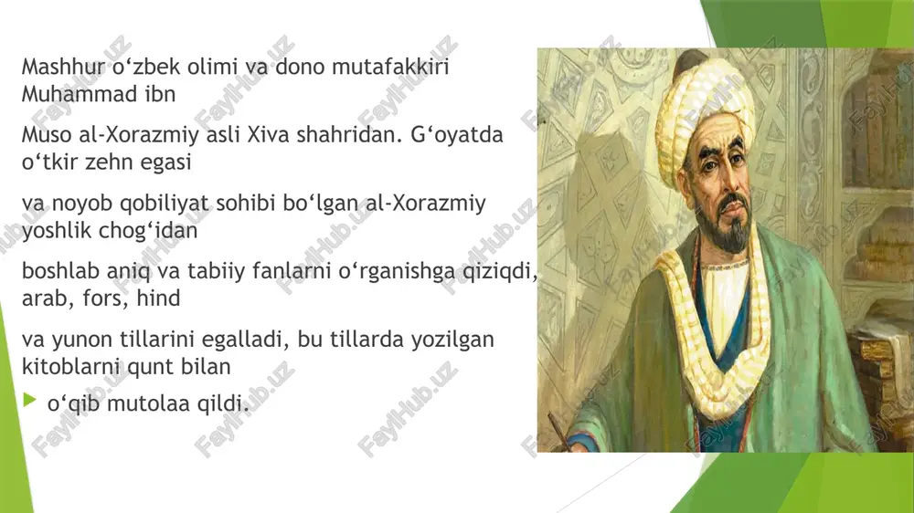 turli munosabatlarda juda ham zarur»2 xorazmiy «al­jabr», «al­muqobala» asari bilan matematika tarixida birinchi bo‘lib algebra faniga asos soldi. «algebra» atamasining o‘zi ham ushbu kitobning qisqacha «aljabr» deb ataluvchi qisqartirilgan nomining aynan ifodasi hisoblanadi. xorazimiy bu asari butun dunyoga, shu jumladan, yevropada ham keng tarqalgan. mazkur kitobni lotin tiliga tarjima qilinganda g‘arbiy yevropada «aljabr» so‘zi «algebra» tarzida qabul qilingan. ana shu tariqa al­xorazmiy nomidan dastlab lotincha yozuvda «algorizmi» so‘zi, so‘ngra «algoritm» atamasi paydo bo‘lgan. bu asari butun hisob al­hind» («hind, hisobi») kitobida xorazmiy hozirgi paytda ijtimoiy hayotda ishlatiladigan birdan to‘qqizgacha bo‘lgan raqamlar va nol yordamida istalgan sonni yozish, ular yordamida arifmetik to‘rt amalni bajarish, o‘sha raqamlar bilan ifodalangan sonlardan kvadrat ildizlar chiqarish qoidalarini izohlab beradi. olimning «kitob at­tarix» («tarix kitobi»)da xuroson kichik osiyo va movarounnahrning viii–ix asrlardagi tarixiga oid qisqa va aniq ma’lumotlar o‘z ifodasini topgan. xorazmiyning «zij» («astronomik jadval»), «quyosh soati haqida risola» asarlari falakiyotshunoslik fanining rivojlanish taraqqiyotiga katta hissa …