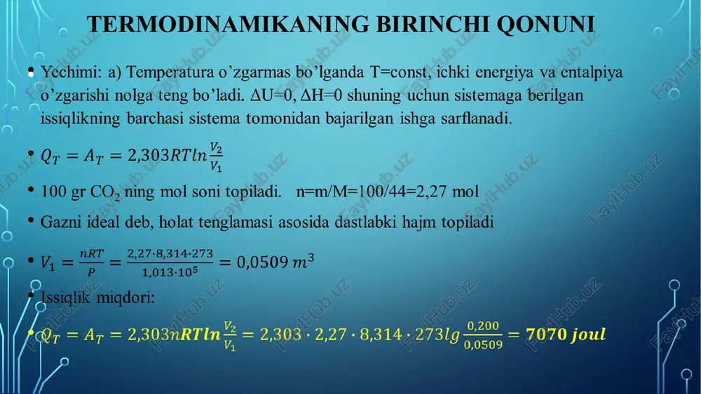 siqlik yutilgan. ichki energiyaning o’zgarishini aniqlang. 3-masala yechish. ∆u=q-a q=300kal =1256,1j a=p(v2-v1)=1*(16-10)=6*1 atm=6*1,0133*102=607,98 j ∆u=q-a=1256,1-607,98=649,02 j 4-masala kislorod doimiy bosim p = 80 kpa da qizdirildi. gaz hajmi 1 kubometrdan 3 kub metrgacha oshdi. kislorodning ichki energiyasining o'zgarishini, gazning ishini va unga berilgan issiqlik miqdorini aniqlang. 4-masala 4-masala termodinamikaning birinchi qonuniga ko'ra, gazga berilgan issiqlik quyidagilarga teng: q=∆u+a keling, topamiz: javob: a = 160 kj, ∆u = 400 kj, q = 560 kj. 5-masala 50 daraja kelvinda izobarik qizdirilganda ikki mol miqdorida olingan gaz qanday ish bajaradi va ularning ichki energiyasi qanday o'zgaradi? 5-masala 6-masala ideal gaz bilan izotermik kengayish bilan 15 kj ish bajariladi. gazga qancha issiqlik beriladi? berilgan: a = 15kj = 1,5 ∙ 10 4 j t = konst toping: q ? yechim: izotermik jarayonda (t = const ) gazning ichki energiyasi o'zgarmaydi, ya'ni ∆ u = 0. keyin gaz unga berilgan issiqlik miqdori hisobiga mexanik ishlarni …