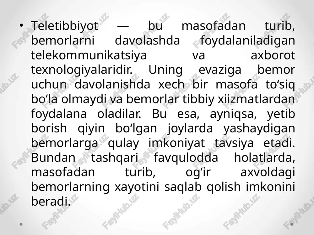 rlar shifokor xonasida oʻzlarini noqulay his qilishadi. masalan, telepsixiatriya agrofobiya, harbiy posttravmatik psixik buzilish va bolalikdagi ruhiy kasalliklar uchun klassik terapiyadan koʻra samaraliroqdir. video aloqa uskunalari: webex va skype kabi video chaqiruv ilovalari yetib borish qiyin bo‘lgan xududlardagi aholi uchun tibbiy xodimlar bilan aloqada bo‘lishda eng yaxshi qurol bo‘lib hisoblanadi. olis qishloq joylarga tibbiy xodim yetib kelishini ko’tish o‘rniga mazkur usuldagi tibbiy yordamdan darxol foydalanish mumkin, bu usul ko‘plab mamlakatlarda, masalan, braziliyada yo‘lga qo‘yilgan. masofadan tekshirish video aloqa uskunalarining afzalligiga qaramay, favqulodda holatlarda, keksa odamlarga yoki surunkali kasalliklar xurujida va boshqa tibbiy holatlarda yangi texnologiyalar taqdim etadigan imkoniyatlar tezkor birinchi yordam ko‘rsatishda shifokorning o‘rnini bosa olmaydi. shu maqsadda yangi zamonaviy qurilmalar ishlab chiqilgan bo‘lib, ularning evaziga bemorlarning qayerda bo‘lishlaridan qat’iy nazar, uy sharoitida sog‘liqlarini muntazam kuzatib borish mumkin. mazkur qurilmalar olingan ma’lumotlarni joriy nazorat markazlariga jo‘natadi, u yerda esa bemor salomatligi holati shifokorlar nazoratida bo‘ladi. shifokor geografik jixatdan qanchalik olis …