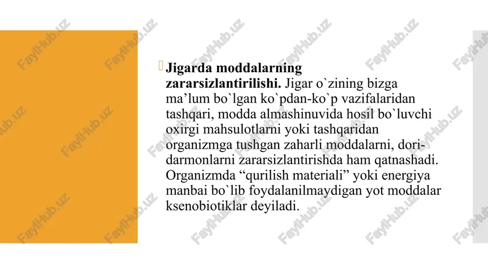 alarni zararsizlantirishda hujayra membranasi tarkibiga kiruvchi antioksidant vitaminlar (a,c,e va boshqalar), erkin radikallarga qarshi aktivlikka ega bo`lgan mikroelementlar (zn, cu, ni, se va boshqalar) va fosfolipidlar himoya vazifasini bajaradi. zaharli moddalar zararsizlantirilishining ikkinchi bosqichi konyugatsiyalanish, ya’ni glyukuron yoki sulfat kislotasini biriktirish bilan borib, reaktsiyalarni jigar endoplazmatik to`rining fermentlari katalizlaydi. glyukuron kislota glyukozaning oksidlanishidan hosil bo`ladi. u utf bilan birikib, udf glyukuronatni hosil qiladi. sulfat kislota atf bilan birikib, fafs – fosfoadenozinfosfosulfatni hosil qiladi. bu jarayonlarni quyidagi misollarda ko`rib o`tamiz: ksenobiotiklar birinchi bosqichda oksigenazalar ishtirokida oksidlanadilar. oksidlangan moddalar ikkinchi bosqichda udfgk yoki fafs-transferazalari ishtirokida konyugatsiyaga uchraydilar. konyugatsiya yo`li bilan aminokislotalar almashinuvini natijasida hosil bo`lgan fenol, krezol, skatol kabi moddalar va boshqa zaharli moddalar zararsizlantiriladi. konyugatsiyaga uchragan moddalarning molekulalarida gidrofil guruhlar hosil bo`ladi va moddaning suvda eruvchanligi ortadi. natijada organizmdan chiqarib yuborilishi osonlashadi yo`g`on ichakda triptofan aminokislotasidan hosil bo`lgan skatol, indol, indoksil va indoksilsulfatning kaliyli tuzlari, hayvon indikani miqdorini tekshirish amaliyotda ichakda …