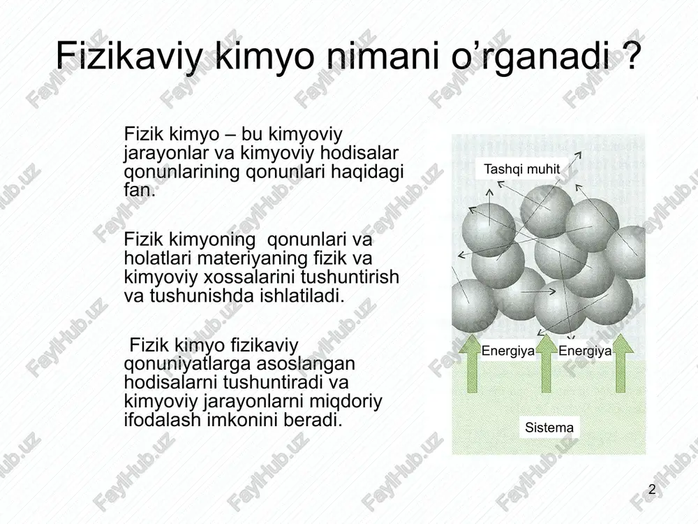 ing turlari sistema energiyasi – uning ish bajarish qobiliyati sistema modda yopiq izolyatsiyalangan modda energiya atrof muhit energiya ochiq modda energiya 8 termodinamik jarayon nima ? termodinamik jarayon – bu sistema termodi-namik holatining o’zgarishi bo’lib, u xech bo’lmaganda bitta parametrning o’zgarishi bilan amalga oshadi. izoterma izobara bosim temperatura hajm 9 termodinamik jarayonlar termodinamik jarayonlar klassifikatsiyasi muvozanatga kelish qobiliyati o’z-o’zidan boruvchi o’z-o’zidan bormaydigan jarayonning amalga oshish qobiliyati ekzotermik (issiqlikning chqishi) endotermik (issiqlikning yutilishi) klassifikatsiyasi belgisi issoqlikning yutilishi yoki ajralishi izotermik izobarik izoxorik adiabatik bir parametr doimiy qaytar (muvozanatdagi) qaytmas (muvozanatdagimas) 10 termodinamik parametr nima ? termodinamik parametr - bu termodinamik sistema holatini ifodalovchi kattalik (temperatura, bosim, hajm, modda miqdori). termodinamik parametr intensiv sistemadagi modda miqdoriga bog’liq emas ekstensiv sistemadagi modda miqdoriga bog’liq ema 11 temperatura temperatura t, bu parametr energiyaning harakat yunalishini ko’rsatadi. temperatura – bu xossa bo’lib, ikkita jismning issiqlik muvozanatida bo’lish- bo’lmasligi haqida gapiradi. yuqori temperatura qiyi temperatura diatermik …