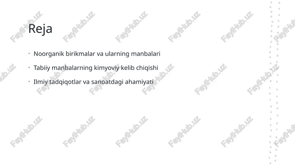 va ekologik muvozanat uchun muhimdir. tabiiy manbalarda noorganik birikmalar: kimyoviy kelib chiqishi va tahlili. 01 noorganik birikmalar noorganik birikmalar, tabiiy manbalarda keng tarqalgan, minerallar, metallar va gazlardan tashkil topgan. ular kimyoviy jarayonlarda asosiy ahamiyatga ega. 02 kimyoviy kelib chiqishi noorganik birikmalarning kimyoviy kelib chiqishi, tabiiy jarayonlar, masalan, vulkanik faoliyat va er osti suvlarining mineralizatsiyasi orqali amalga oshadi. 03 tahlil usullari noorganik birikmalarning tahlil usullari, spektroskopiya, kromatografiya va rentgen-fazali tahlil kabi zamonaviy texnikalardan foydalanadi, bu esa ularning tuzilishini aniqlash imkonini beradi. 04 ekologik ta'sir tabiiy manbalardagi noorganik birikmalar ekologik tizimlarga ta'sir ko'rsatadi; ular tuproq va suv sifatini belgilab, biologik xilma-xillikka ta'sir qiladi. noorganik birikmalarni shakllantiruvchi tabiiy jarayonlar va ularning o'zaro ta'siri. 01 tabiiy jarayonlar noorganik birikmalarni shakllantirishda tabiiy jarayonlar, masalan, er yuzasi va ichki jarayonlar, kimyoviy reaktsiyalar orqali sodir bo'ladi. 02 o'zaro ta'sir tabiiy jarayonlar o'rtasidagi o'zaro ta'sir noorganik birikmalarni hosil qilishda muhim ahamiyatga ega bo'lib, ular bir-birini kuchaytiradi yoki kamaytiradi. …