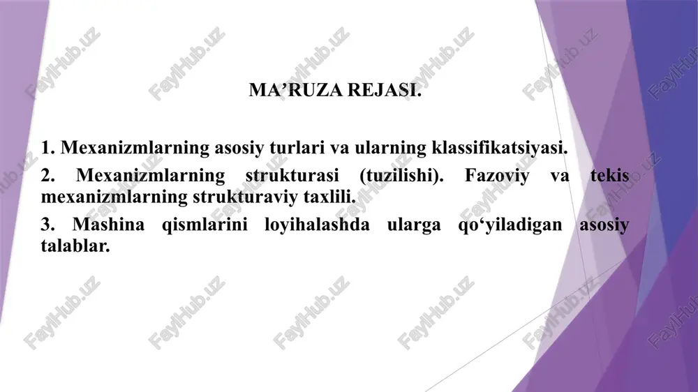 uvchi mexanizm sxemasi: 1- krivoshin 2- shatun 3- sudralgich (polzun) 4- tayanch (ko’rsatilmagan) robot monipulyator belgilangan ishni (xarakatni) insonni ishtiroksiz amalga oshiradigan mashinalarga avtomatlar deyiladi. agarda mashina harakatida insonni ishtiroki qisman bo’lsa, una yarim avtomat deyiladi insonni yoki hayvonlarni sun’iy modellari robotlar deyiladi. mexanizmlar zvenolardan tashkil topadi. zveno bir yoki bir nechta detaldan tuzilgan bo’ladi. detal bitta qattiq jism. mashinaning bir xil materialdan tayyorlangan va ayrim bo’laklarga ajralmaydigan qismiga detal deyiladi. kinematik juft deb ikkita zvenoni bir-biri bilan harakat qila oladigan qilib biriktirilishiga aytiladi. bir necha zvenoning kinematik juftlar vositasi bilan birikishidan (bog’lanishidan) hosil bo’lgan qo’zg’aluvchi sistema kinematik zanjir deb ataladi. kinematik zanjir tarkibiga kiruvchi qo’zg’almas biror zvenoga nisbatan bir yoki bir necha zveno muayyan tartibda harakatlangan vaqtda zanjirning qolgan zvenolari ham ma'lum tartibli harakat qilsa, bunday kinematik zanjir mexanizm deyiladi. fazoda harakat qilayotgan har qanday qattiq jismning erkinlik darajasi 6 ta bo’lib ulardan uchtasi x, y, z o’qlari bo’ylab …