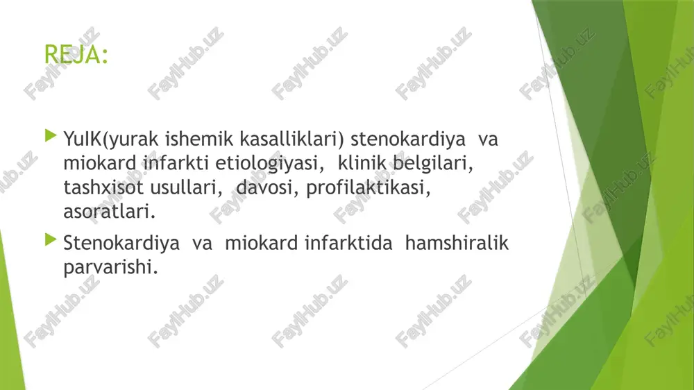 langan bo‘ladi. iv. funksional sinf yengil jismoniy harakatdan keyin, ba’zan esa tinch turganda ham paydo bo‘ladi. bemorning jismoniy harkati yaqqol cheklangan va ahvoli og‘ir bo‘ladi. tashxisi. kasallikka tashxis, asosan, bemor shikoyatlari, klinik laboratoriya tekshiruvi natijalari asosida qo‘yilishi kerak. eng samarali usul koronarografiyadir. bunda toj arteriyalari qanchalik okklyuziyaga uchraganligi haqida ishonchli ma’lu­- motlar olinadi. har xil jismoniy testlarning ham tashxisiy aha­miyati katta. bu testlar veloergometr yoki tredmil yordamida o‘tkazilib, bemorda stenokrdiya xurujini sun’iy ravishda paydo qilib, ekg da qayd qilinadigan patologik o‘zgarishlar aniqlanadi. xuruj tutganda olingan biokimyoviy tekshiruvlar yordamida ham tashxisni to‘g‘ri qo‘yish mumkin. klinik ko‘rinishi stenokardiyaning klinik ko‘rinishi faqat shu kasallikka xos bo‘lgan belgilar bilan boshqa yurak kasalliklari­dan ajralib turadi. birinchi bo‘lib stenokardiya xurujining klinik ko‘rinishini 1978- yilda volv rebertden bayon etgan. uning aytishicha, stenokardiya xuruji ko‘pincha jismoniy harakat pay­tidan yoki undan keyin to‘sh orqasida yuzaga keladigan achisha­digan kuchli og‘riq paydo bo‘lar ekan. og‘riq borgan sari kuchayib, nafas olishning qiyinlashishiga …
