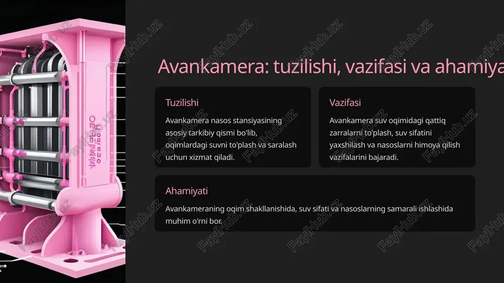 laydi. nasos kamerasi suvning darajasini va bosimini tartibga solish, shuningdek, nasoslarni to'g'ridan-to'g'ri ta'minlashni amalga oshiradi. u gidrotexnik inshootlarning muhim tarkibiy qismi bo'lib, suv ta'minotining ishonchliligini ta'minlaydi. 4 nasos kameraasining konstruktiv xususiyatlari nasos kamerasi konstruktiv jihatdan uzunligi va diametri katta bo'lgan, mustahkam va suvga chidamli maxsus inshoot bo'lib, u nasos agregatlari va quvurlarga doim suv ta'minotini ta'minlab turadi. kamera ichida turli xil mexanizm va qismlar joylashgan bo'lib, ular suv oqimini nasos tomonga yo'naltirish uchun xizmat qiladi. 5 avankamera va nasos kamerasining o'zaro aloqasi vogellar yig'ilish joyida avankamera nasos kamerasi bilan bevosita bog'liq bo'ladi va suv oqimini nasos kamerasiga yo'naltiradi. suv oqimini tartibga solish avankamera nasos kamerasiga kelayotgan suv oqimini tartibga soladi va uning bir xil taqsimlanishini ta'minlaydi. zararli aralashmalardan tozalash avankamera suv oqimi tarkibidagi har xil zararli materiallar va qattiq zarralarni to'xtatib, nasos kamerasini tozalaydi. 6 gidrotexnik inshootlarning ishlash prinsipi 1 oqim tezligini stabillashtirish gidrotexnik inshootlar, jumladan avankamera va nasos kamerasi, …