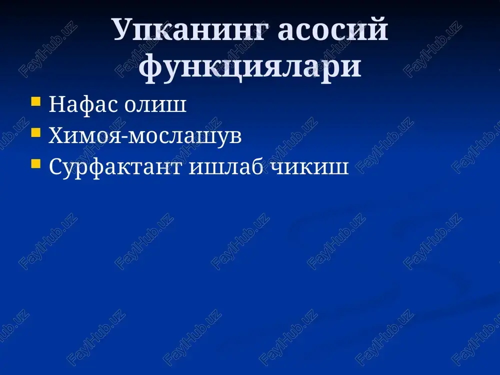 sikatsiya kuchli perkussiyada upka tovushi kiskargan auskultatsiya-nafas bronxial keyin sustlashadi,krepitatsiya rentgen-segmentar soyalar konda-giperleykotsitoz,echt 40mm/s. mikoplazmali pnevmoniya xamma eshda bulishi mumkin kataral xolat yutal kuruk uzok muddatli isitma ne alomatlari rentgen-interstitsial uzgarishlar ausk-sust nafas,mayda puff.xirillashlar konda –deyarli uzgarish yuk pnevmotsistali pnevmoniya chala tugilgan bolalarda, steroidlar,tsitostatiklar bilan davolangan bemorlarda inkubatsion davr-2 xafta kasallik asta sekin boshlanadi yutal xurujli toksikoz yuk isitma xos emas upkada-xirillashlar kam rentgen-uchokli-kushiluvchan soyalar stafillokokkli pnevmoniya 1 eshgacha bulgan bemorlarda yukori xarorat intoksikatsiya ikki tomonlama patologik jaraen upkada-mayda puffakchali nam xirillashlar upka va upkadan tashkari asoratlar klebsiellali pnevmoniya gram-manfiy taekcha gospital infektsiya enterit toksikoz sepsis gepatomegaliya sariklik siydik yullari infektsiyasi abstsess,piopnevmotoraks kuk yiringli taekcha pnevmoniyasi gospital infektsiya immunodefitsit xolatlarda rivojlanadi intoksikatsiya nafas etishmovchiligi destruktsiya uchoklari isitma yuk gemogramma deyarli uzgarishsiz xlamidiyali pnevmoniya 6 oygacha bulgan bolalarda kon'yunktivit vaginit inkubatsion davr 1,5 oy kataral belgilar nafas etishmovchiligi xurujli yutal perkutor uzgarishlar noanik ausk-krepitatsiya rentgen-miliar tuberkulez kabi virusli pnevmoniyalar bolalarda juda …