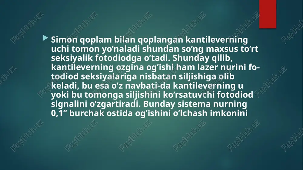 miy – kuch mikroskoplar(akm) yaratildi. akm ham sirtlarni atom aniqligida o’rganishga imkon beradi, ammo endi eleku oʻtkazuv-chilar bo’lishi shart emas. hozirgi kunda aynan shunday mikroskop tadqiqotchilar qiziqishni uyg’otmoqda. atomiy kuch va tunnel mikroskoplarning harakat qonuniyatlari amalda bir xil, faqat tunnel mikroskopinikidan farqli ravishda akm-ning ishlashi atomlararo bog’lanishlar kuchidan foydalanishga asoslan-gan. kichik masofalarda (0,1 nm ga yaqin) ikki jism atomlari o’rta-sida itarishish kuchlari (1.12-a rasm), katta masofalarda esa tortishish kuchlari harakatga keladi ak mning ishlash prinsipi. tadqiqotlar uchun yaratilgan atomiy kuch mikroskopda bunday ikki jism o'rganilayotgan sirt va uning ustida sirpanayotgan igna uchi bo'ladi. akmda zond sifatida olmos ignadan foydalaniladi. sirt va image6.jpeg image7.jpeg image8.png image9.jpeg image10.jpeg image2.png image3.png image4.png image5.png /docprops/thumbnail.jpeg