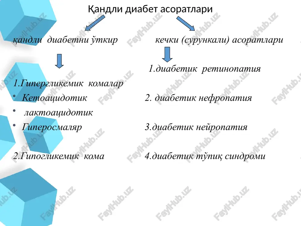 buladi. ba'zida bemorlar noanik xarakatlar kiladilar, ba'zida noanik gaplar, galyutsinatsiyalar kushiladi, arterial gipertenziya kuzatiladi. 4-boskich – uzunchok miyaning yukori kismlarining shikastlanishi: mushaklar gipertonusi kaltirash sindromining rivojlanishi bilan va es-xushi yukola boshlaydi (xakikiy koma). arterial gipertenziya, taxikardiya, terisi nam . 5-boskich – uzunchok miyaning kiy katlamlarining shikastlanishi chukur koma rivojlanishiga sabab buladi: gipotoniya, taxikardiya kuzatiladi, jarayonga nafas va kon-tomir markazlarining buzilishi kushiladi va ulim sodir buladi klinika. gipoglikemik komani boshlang'iq bosqichida -- -birdan umumiy holsizlik, -profuz terlash, -butun tana titrashi, -ochlik hissi, ba'zida bosh og'rishi, lablar uvishishi,,yurak tez urushi, ikkita ko'rish ham bo'lishi mumkin. bolalarda ko'pincha ko'ngil aynish,qayd qilish, kayfiyatni tushishi, ba'zida qo'zg'aluvchanlik,agressivlik ham bo'lishi mumkin. yordam ko'rsatilmasa psixoz holati yuzaga kelishi mumkin. gipoglikemik komaga xos klinik belgilar : -tekis nafas; -teri qoplamlari nam; -mushaklar gipertonusi; -kuchsiz taxikardiya; -kuchsiz taxikardiya, ba'zida bradikardiya; -aqb normada yoki biroz ahamiyatsiz oshgan; -xushi yo'q; -qorachiq kengaygan; -pay reflekslari tezlashgan. laborator tekshiruvlar qonda qand 3,0-2,8 mmol/l …